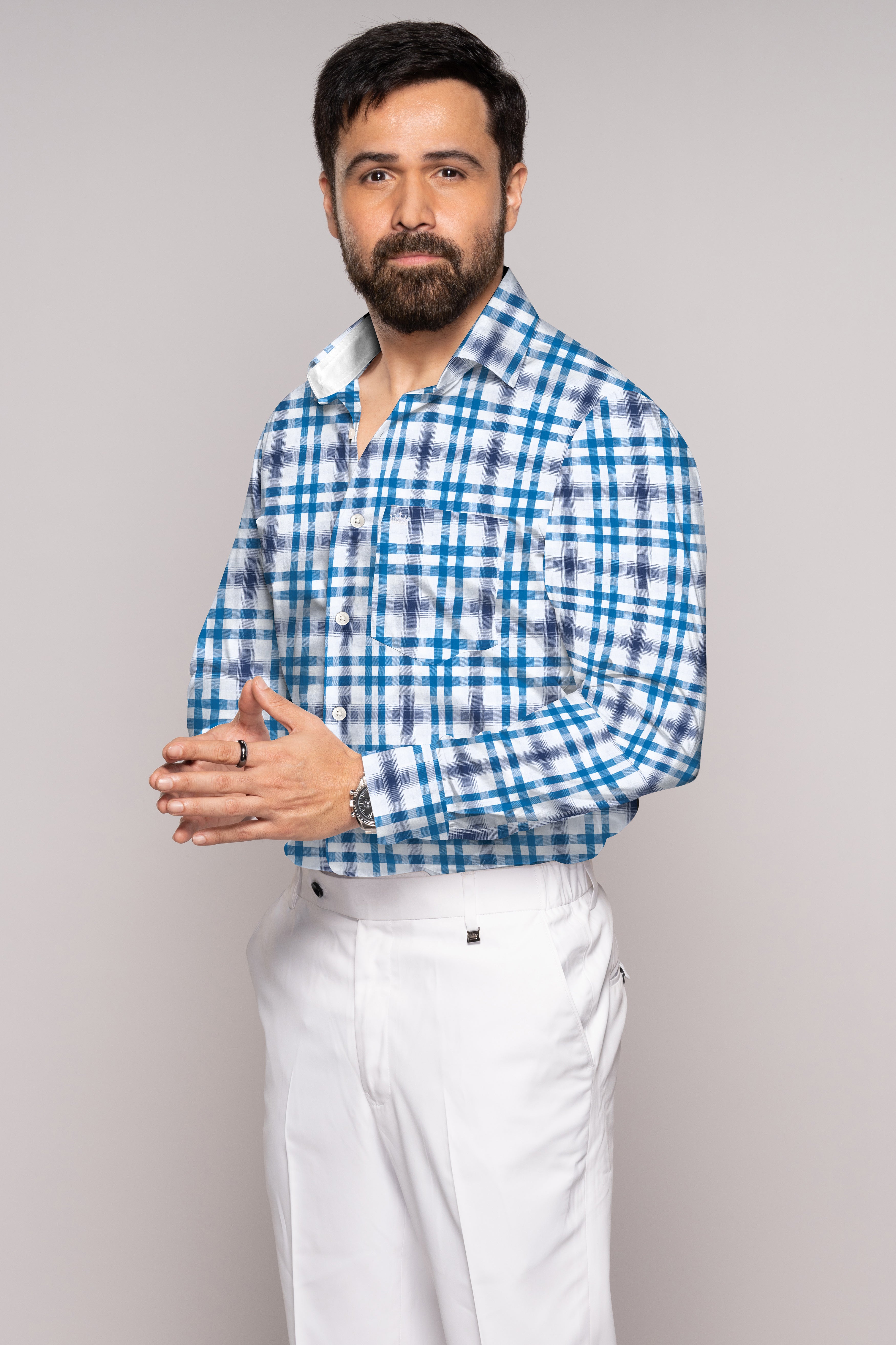 Bright White with Madison Blue Checkered Twill Premium Cotton Shirt