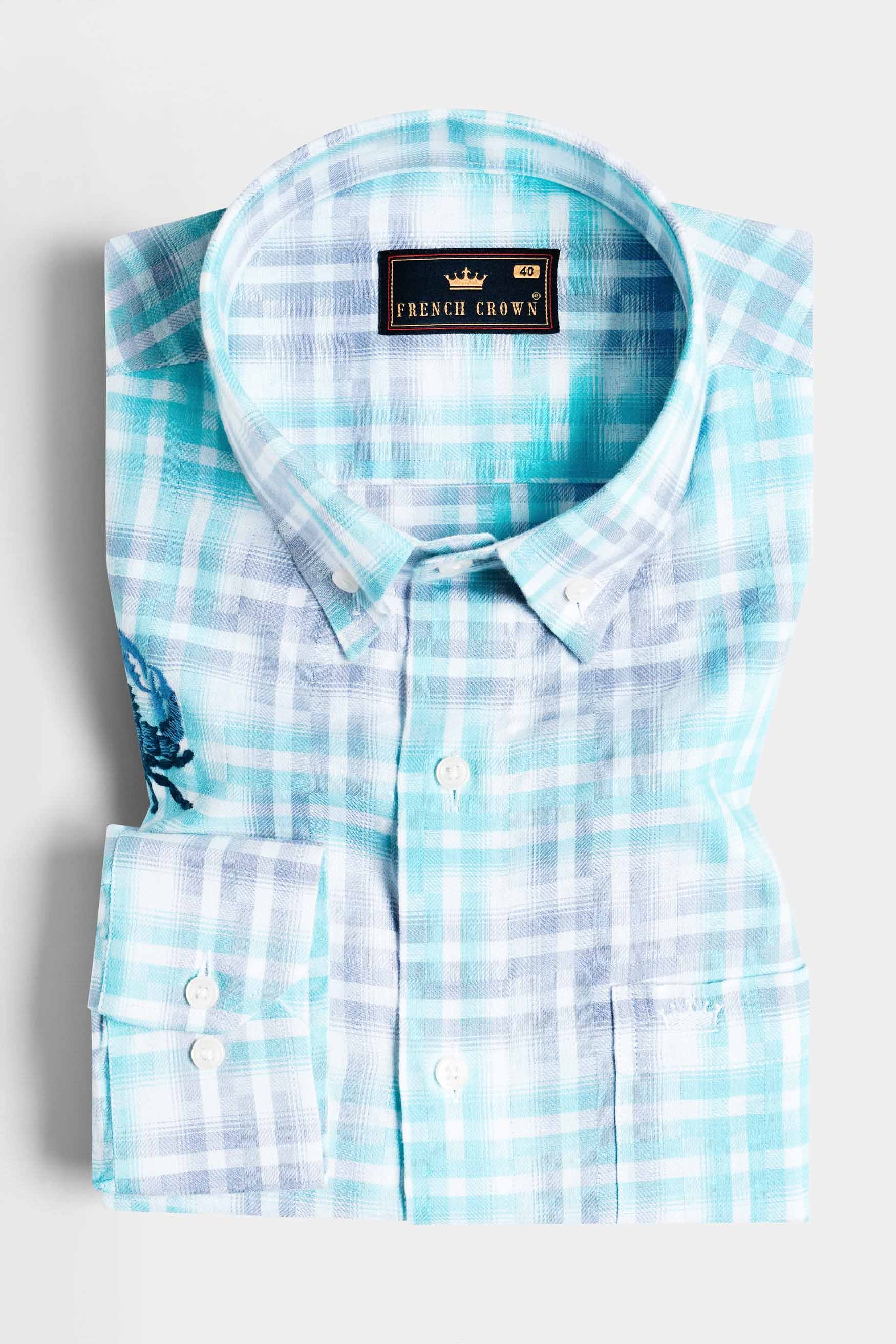 Tiffany Blue and Heather Gray Checkered with Scorpion Patchwork Twill Premium Cotton Designer Shirt 6224-BD-E337-38, 6224-BD-E337-H-38, 6224-BD-E337-39, 6224-BD-E337-H-39, 6224-BD-E337-40, 6224-BD-E337-H-40, 6224-BD-E337-42, 6224-BD-E337-H-42, 6224-BD-E337-44, 6224-BD-E337-H-44, 6224-BD-E337-46, 6224-BD-E337-H-46, 6224-BD-E337-48, 6224-BD-E337-H-48, 6224-BD-E337-50, 6224-BD-E337-H-50, 6224-BD-E337-52, 6224-BD-E337-H-52