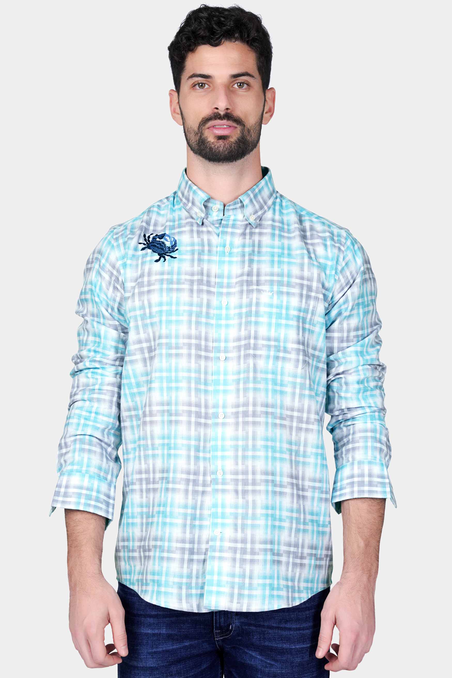 Tiffany Blue and Heather Gray Checkered with Scorpion Patchwork Twill Premium Cotton Designer Shirt 6224-BD-E337-38, 6224-BD-E337-H-38, 6224-BD-E337-39, 6224-BD-E337-H-39, 6224-BD-E337-40, 6224-BD-E337-H-40, 6224-BD-E337-42, 6224-BD-E337-H-42, 6224-BD-E337-44, 6224-BD-E337-H-44, 6224-BD-E337-46, 6224-BD-E337-H-46, 6224-BD-E337-48, 6224-BD-E337-H-48, 6224-BD-E337-50, 6224-BD-E337-H-50, 6224-BD-E337-52, 6224-BD-E337-H-52