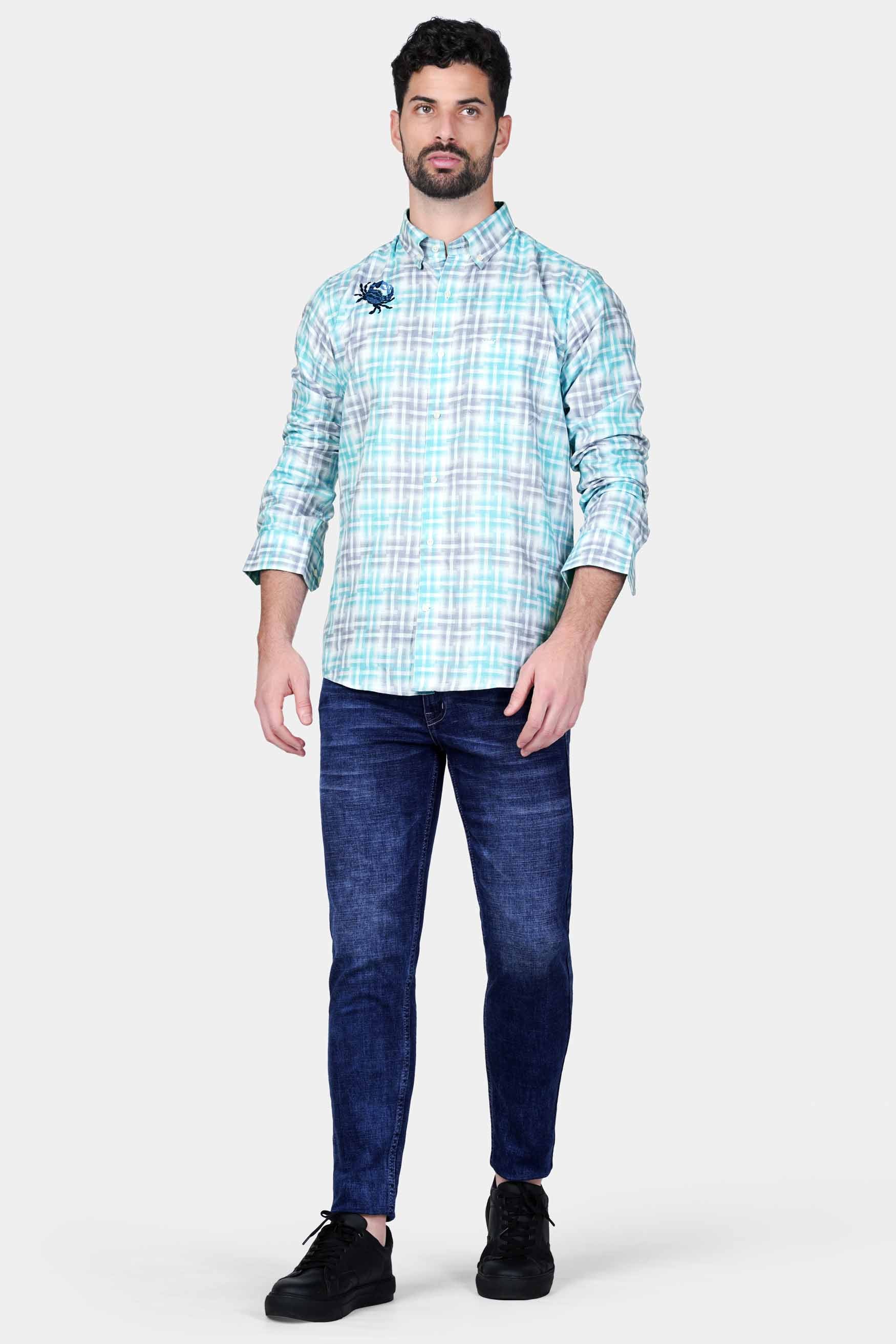 Tiffany Blue and Heather Gray Checkered with Scorpion Patchwork Twill Premium Cotton Designer Shirt 6224-BD-E337-38, 6224-BD-E337-H-38, 6224-BD-E337-39, 6224-BD-E337-H-39, 6224-BD-E337-40, 6224-BD-E337-H-40, 6224-BD-E337-42, 6224-BD-E337-H-42, 6224-BD-E337-44, 6224-BD-E337-H-44, 6224-BD-E337-46, 6224-BD-E337-H-46, 6224-BD-E337-48, 6224-BD-E337-H-48, 6224-BD-E337-50, 6224-BD-E337-H-50, 6224-BD-E337-52, 6224-BD-E337-H-52