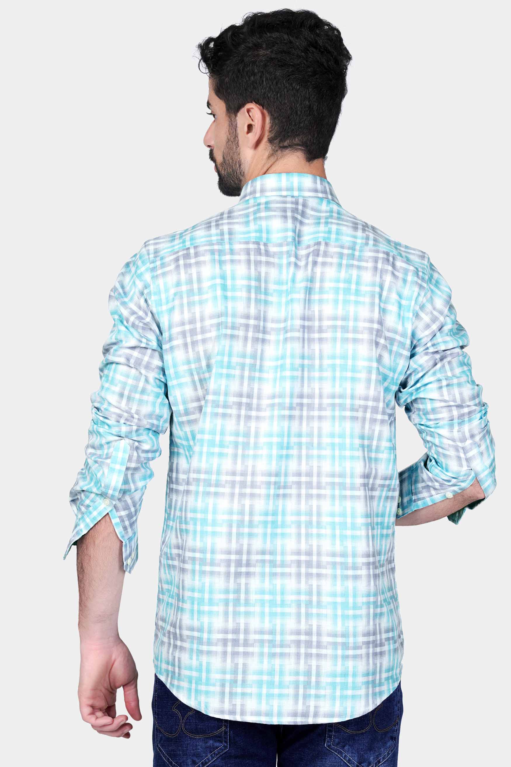 Tiffany Blue and Heather Gray Checkered with Scorpion Patchwork Twill Premium Cotton Designer Shirt 6224-BD-E337-38, 6224-BD-E337-H-38, 6224-BD-E337-39, 6224-BD-E337-H-39, 6224-BD-E337-40, 6224-BD-E337-H-40, 6224-BD-E337-42, 6224-BD-E337-H-42, 6224-BD-E337-44, 6224-BD-E337-H-44, 6224-BD-E337-46, 6224-BD-E337-H-46, 6224-BD-E337-48, 6224-BD-E337-H-48, 6224-BD-E337-50, 6224-BD-E337-H-50, 6224-BD-E337-52, 6224-BD-E337-H-52