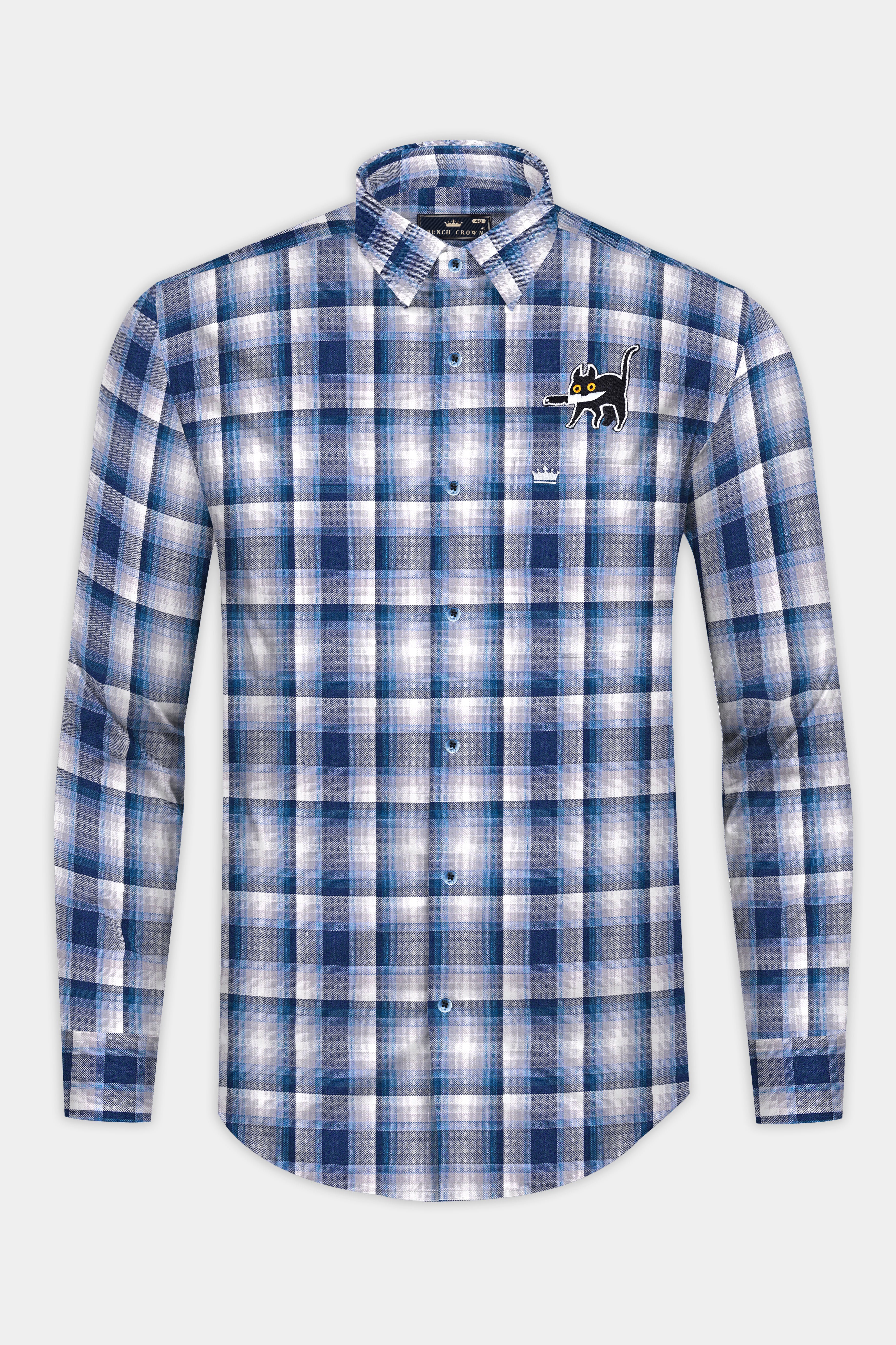 Rhino Blue and White Plaid with Animated Creature Patchwork Twill Premium Cotton Designer Shirt