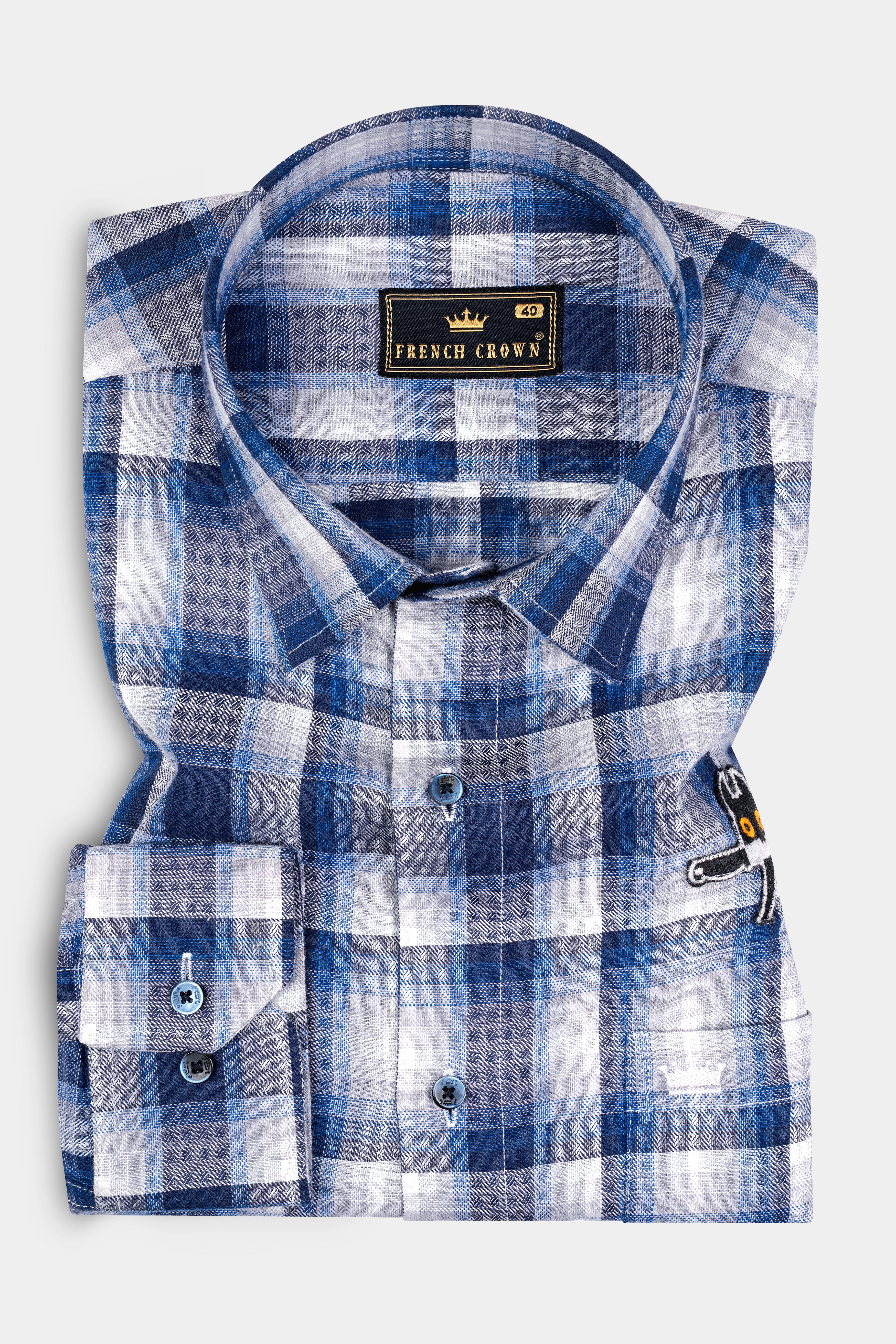 Rhino Blue and White Plaid with Animated Creature Patchwork Twill Premium Cotton Designer Shirt