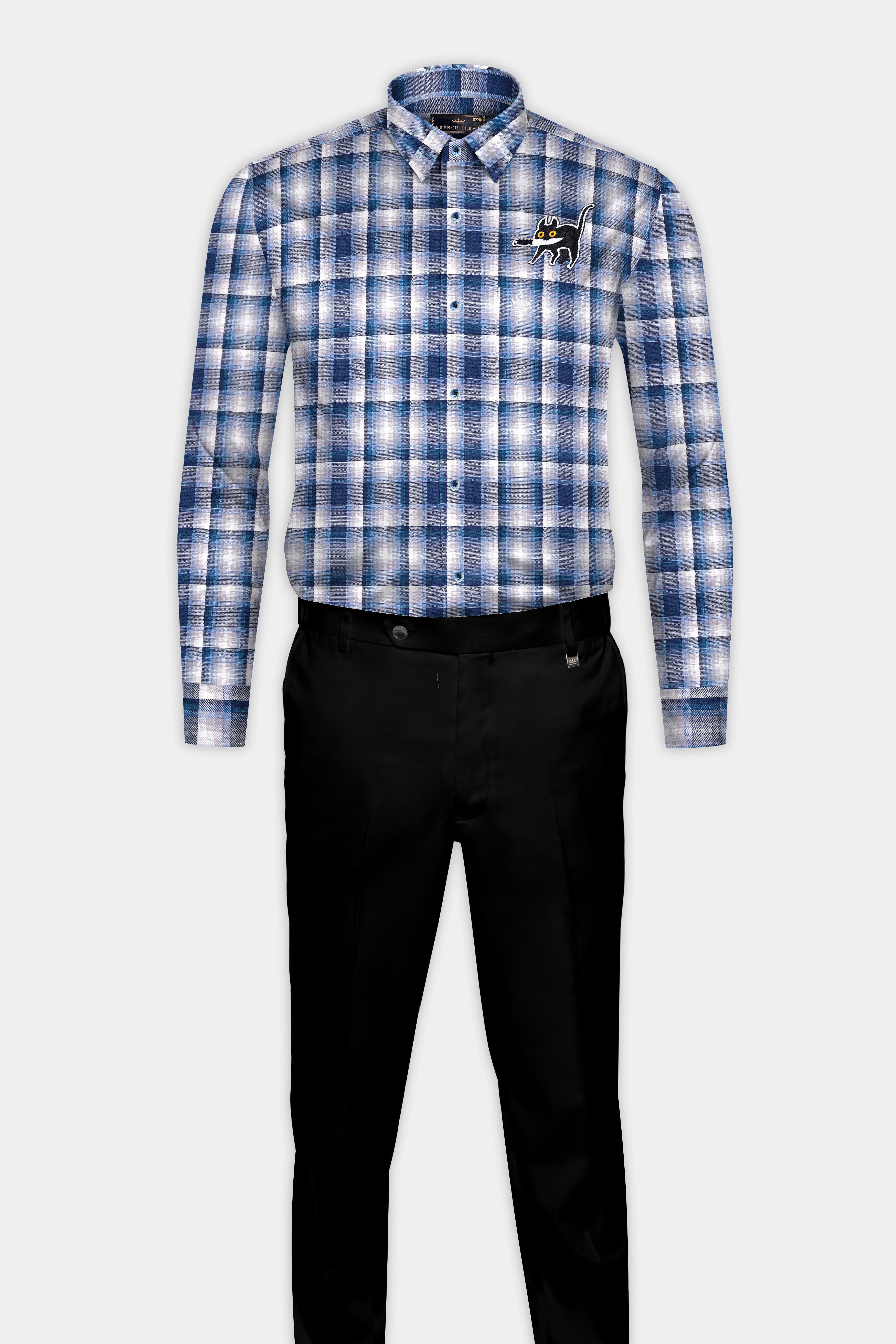 Rhino Blue and White Plaid with Animated Creature Patchwork Twill Premium Cotton Designer Shirt