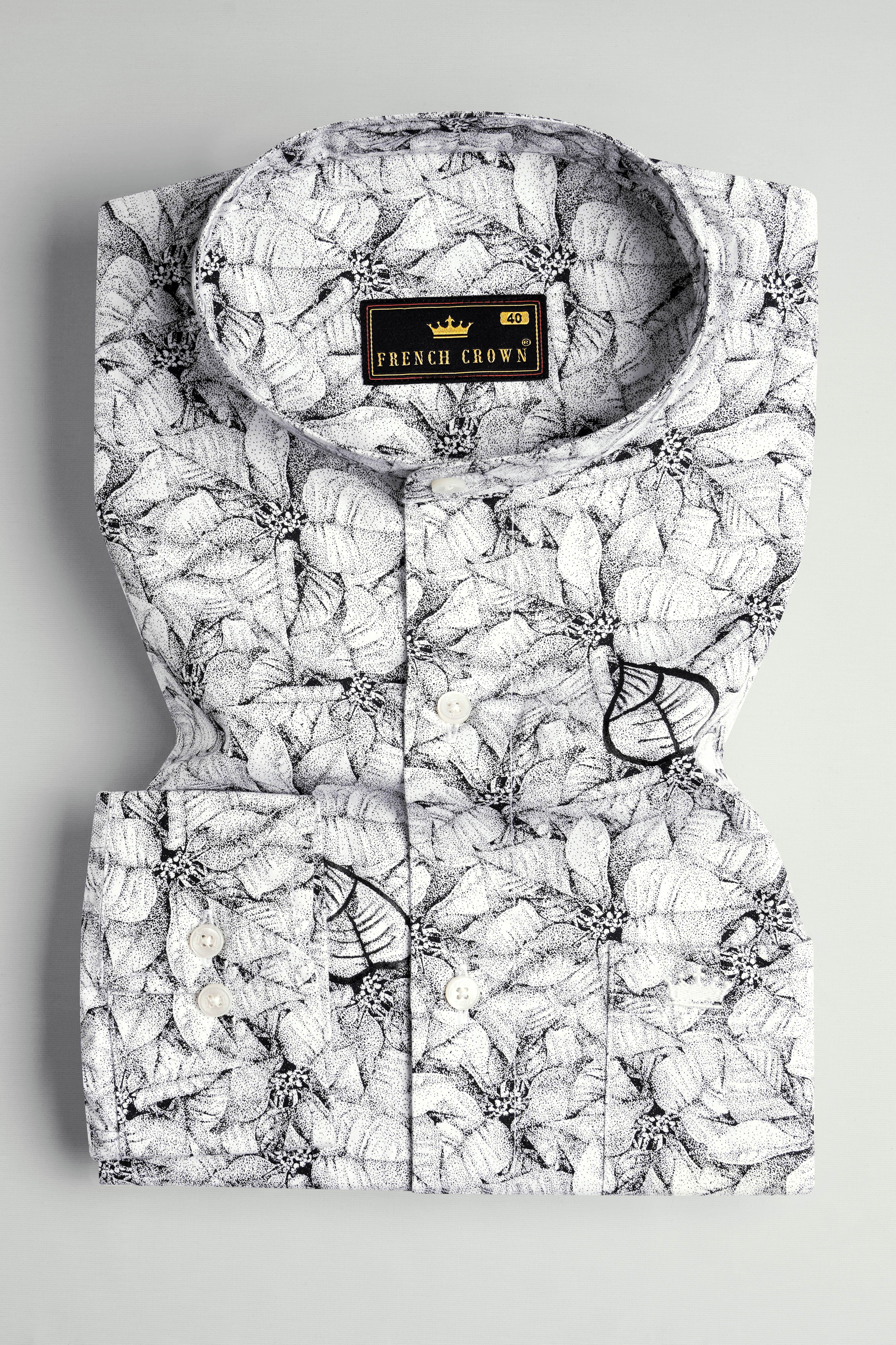 Bright White with Black Leaves Hand Painted Twill Premium Cotton Designer Shirt