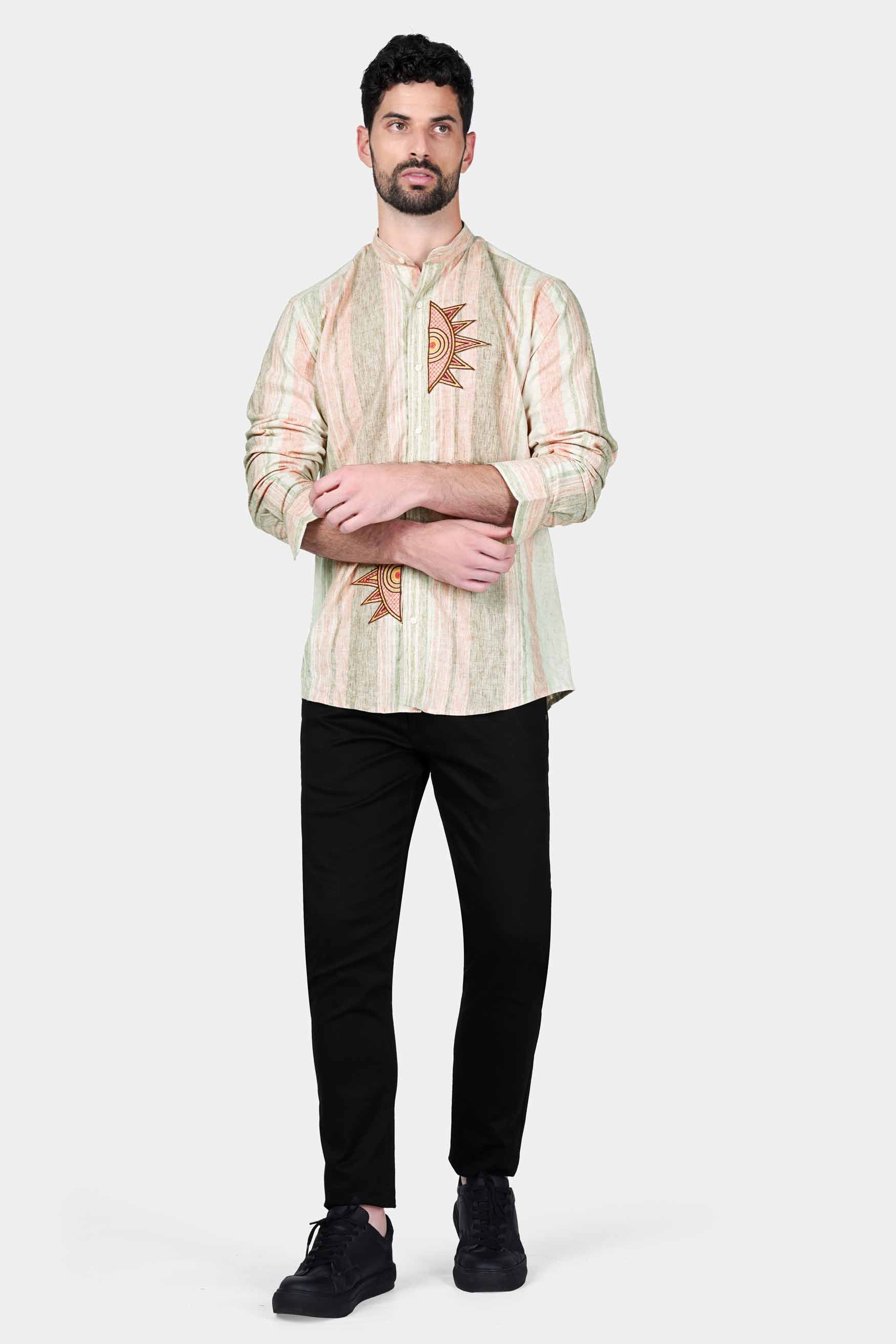 Muesli Brown and Brandy Peach Striped with Sun Patchwork Luxurious Linen Designer Shirt 6258-M-E289-38, 6258-M-E289-H-38, 6258-M-E289-39, 6258-M-E289-H-39, 6258-M-E289-40, 6258-M-E289-H-40, 6258-M-E289-42, 6258-M-E289-H-42, 6258-M-E289-44, 6258-M-E289-H-44, 6258-M-E289-46, 6258-M-E289-H-46, 6258-M-E289-48, 6258-M-E289-H-48, 6258-M-E289-50, 6258-M-E289-H-50, 6258-M-E289-52, 6258-M-E289-H-52