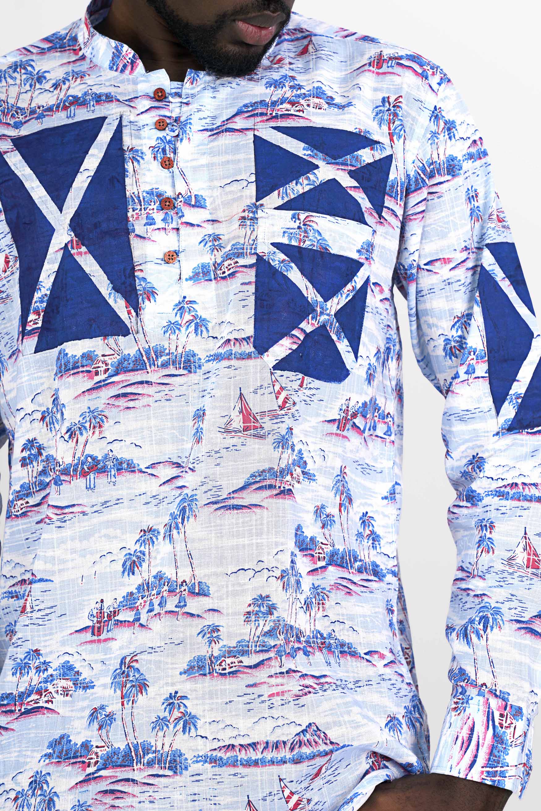 Bright White with Cerulean Blue Hand Painted Luxurious Linen Designer Kurta Shirt