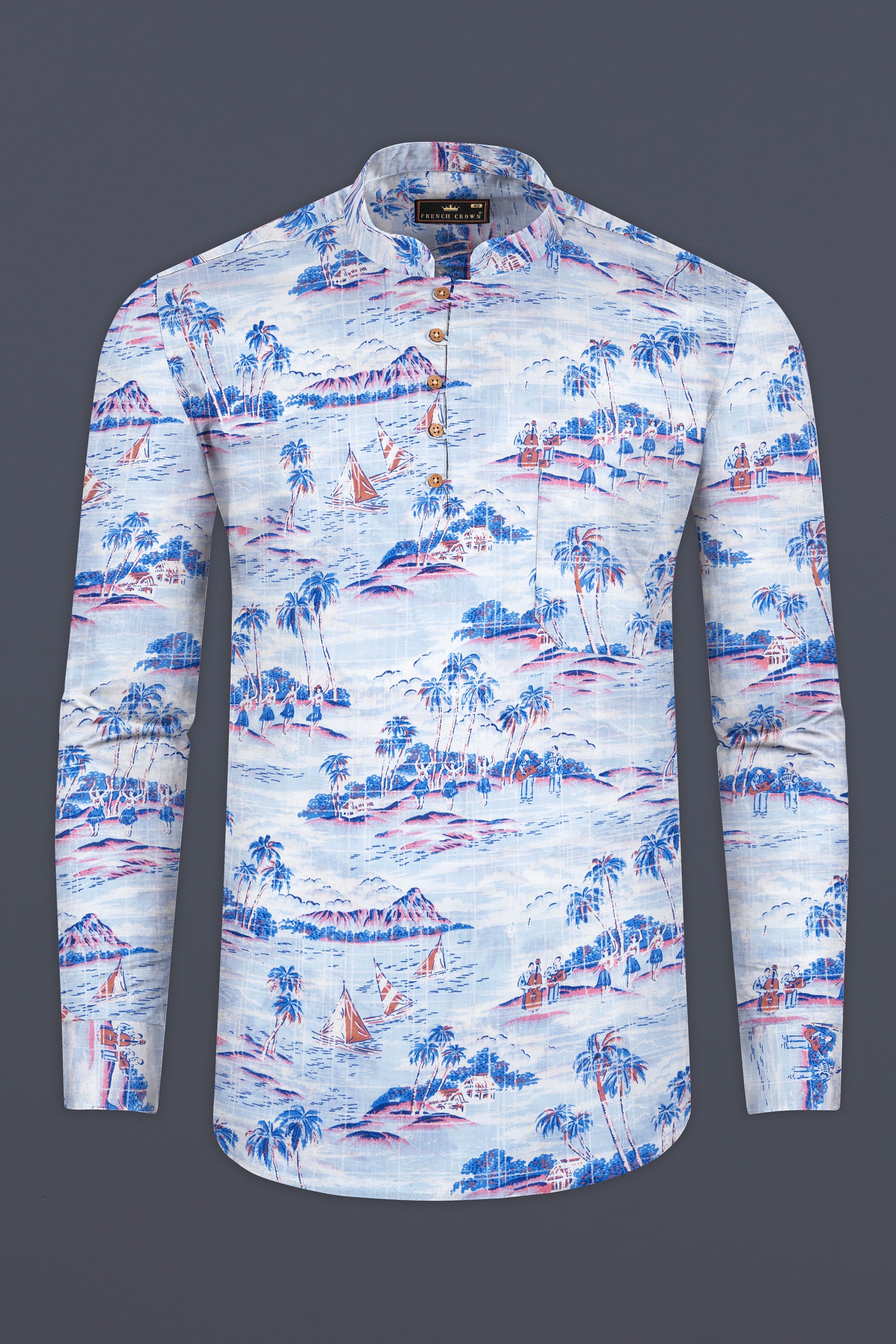 Hawkes and Havelock Blue Tropical Printed Luxurious Linen Kurta Shirt