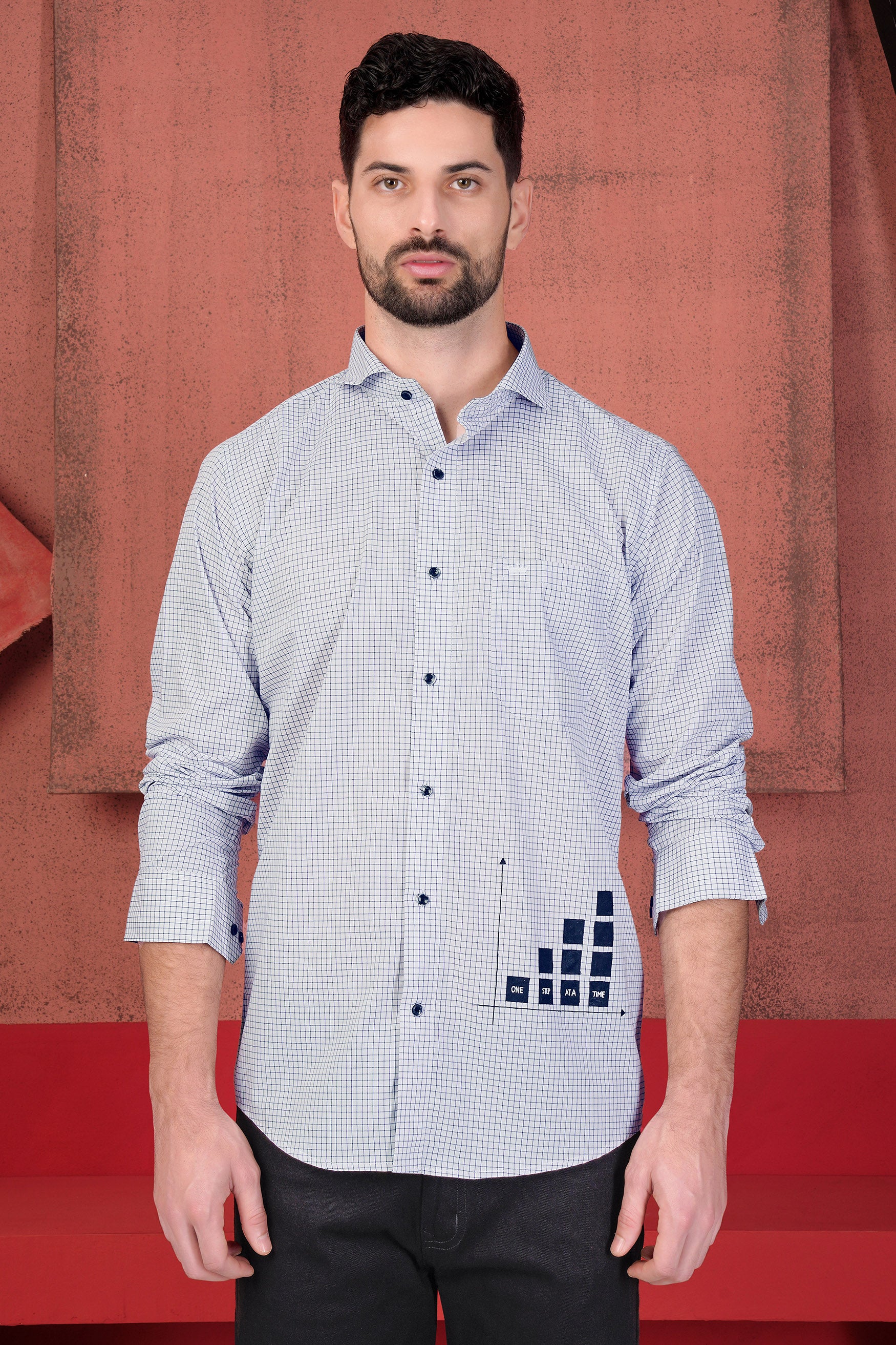 Gainsboro Gray and Black Gingham Checkered with Graph Hand Painted Premium Cotton Designer Shirt