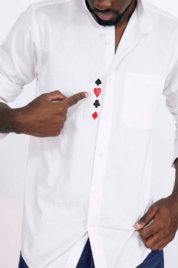 Bright White with Guardsman Red and Black Hand Painted Dobby Textured Premium Giza Cotton Shirt