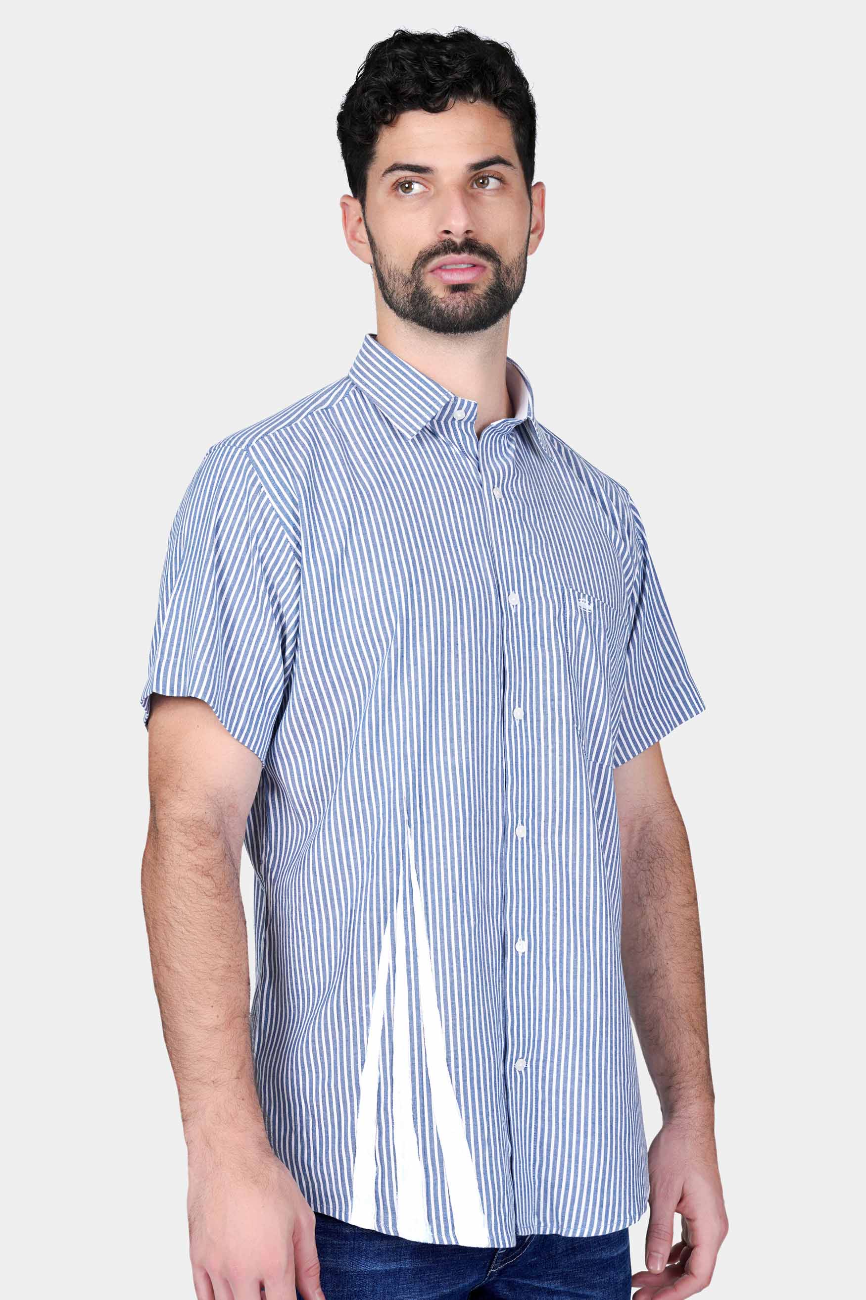 Yonder Blue Striped with White Hand Painted Royal Oxford Designer Shirt 6345-CP-SS-ART-38, 6345-CP-SS-ART-39, 6345-CP-SS-ART-40, 6345-CP-SS-ART-42, 6345-CP-SS-ART-44, 6345-CP-SS-ART-46, 6345-CP-SS-ART-48, 6345-CP-SS-ART-50, 6345-CP-SS-ART-52