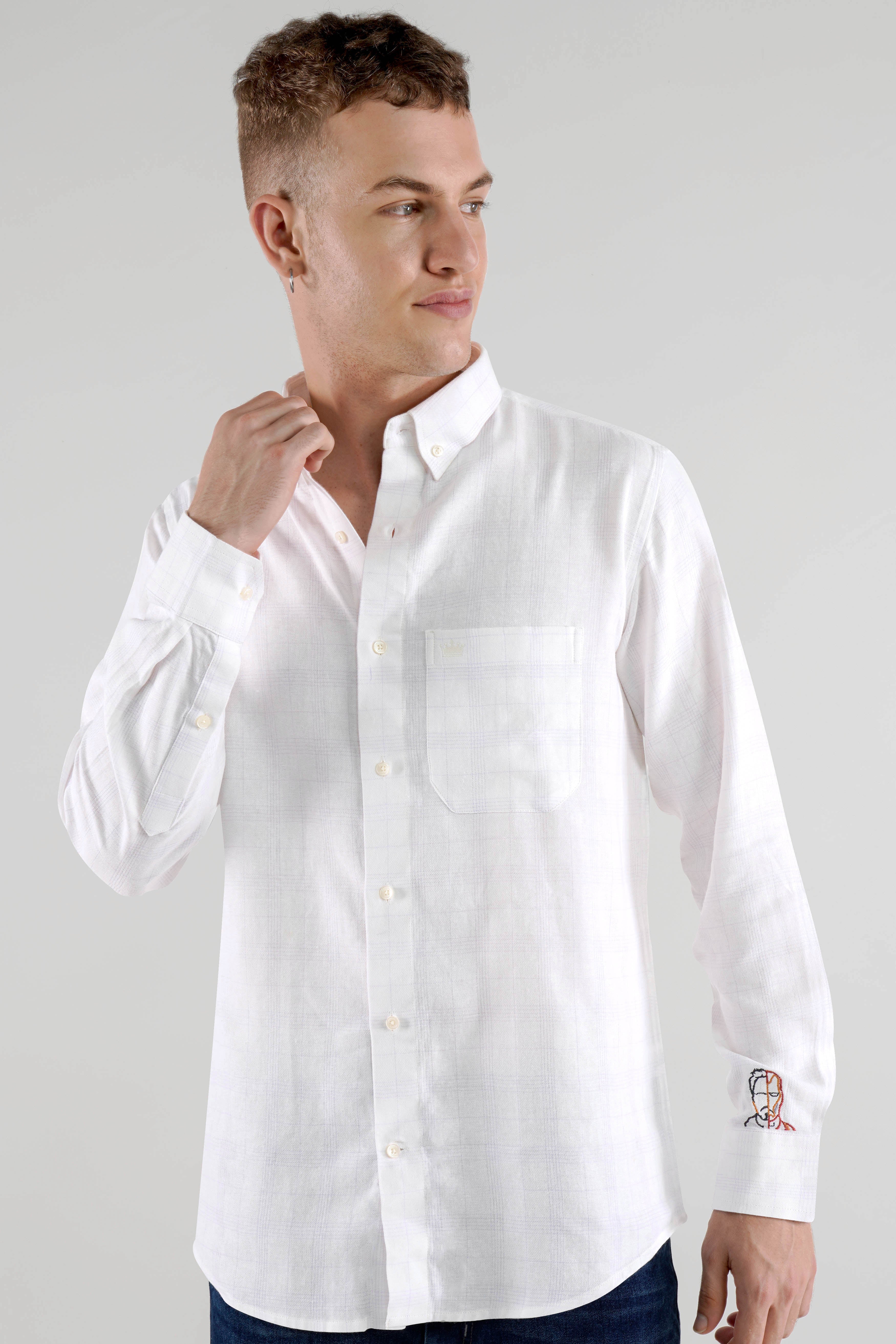 Bright white With Embroidered work Twill Subtle Plaid Premium Cotton Designer Shirt