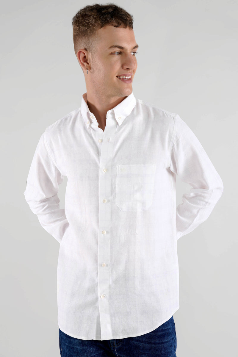 Bright White Twill Subtle Plaid Premium Cotton Shirt