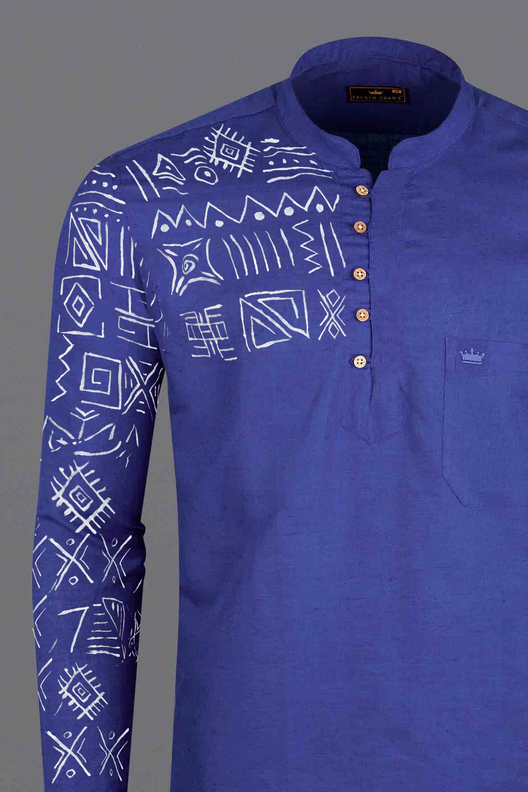 Berry Blue Tribal Hand Painted Luxurious Linen Kurta Shirt