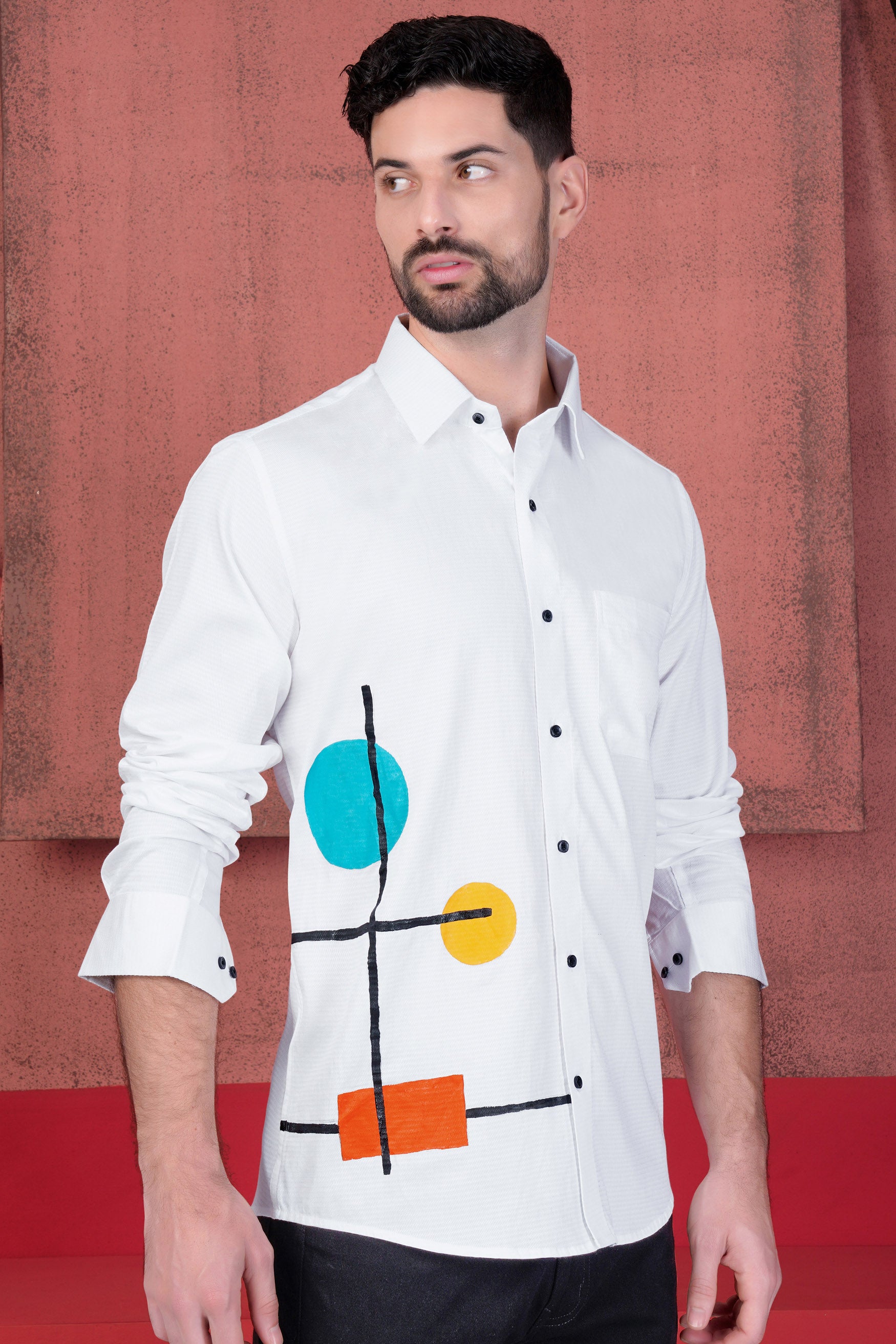 Bright White Abstract Shapes Hand Painted Dobby Textured Premium Giza Cotton Designer Shirt