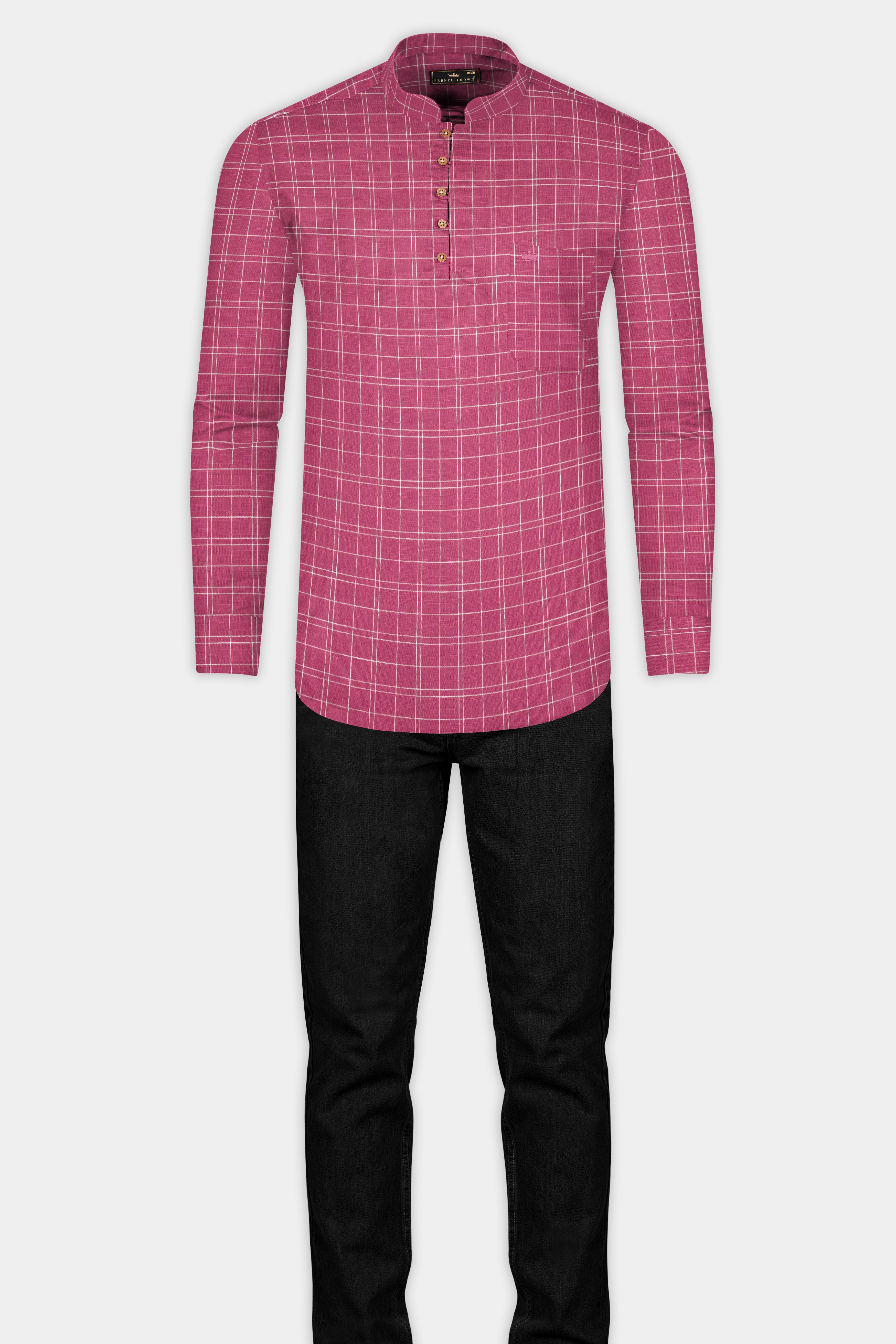 Hibiscus Red Checkered Luxurious Linen Kurta Shirt