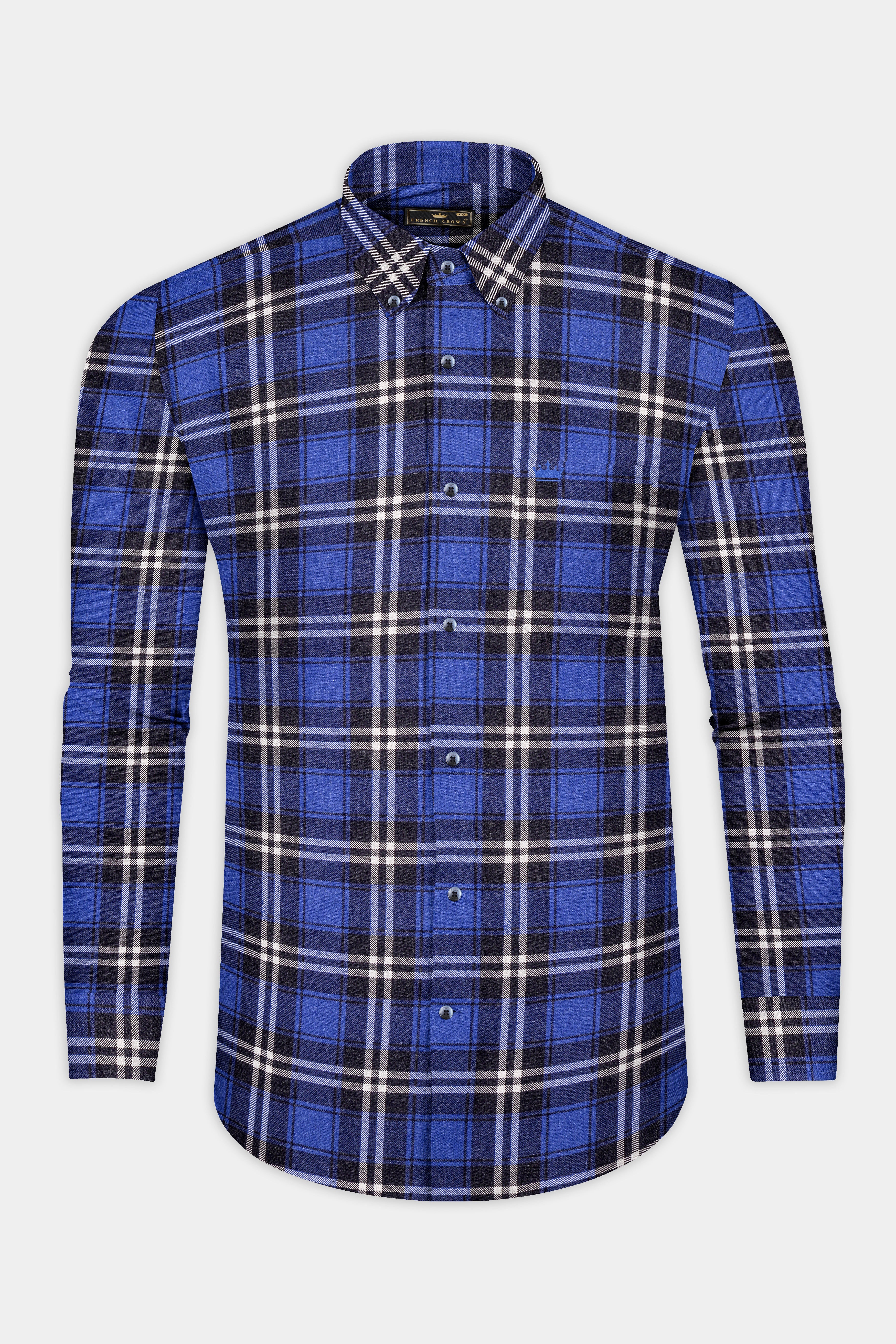トップス cornier FINX COTTON TWILL SHIRTS blue Scampi Blue Checks-Plaid Casual Premium Cotton Button-Down Shirt
