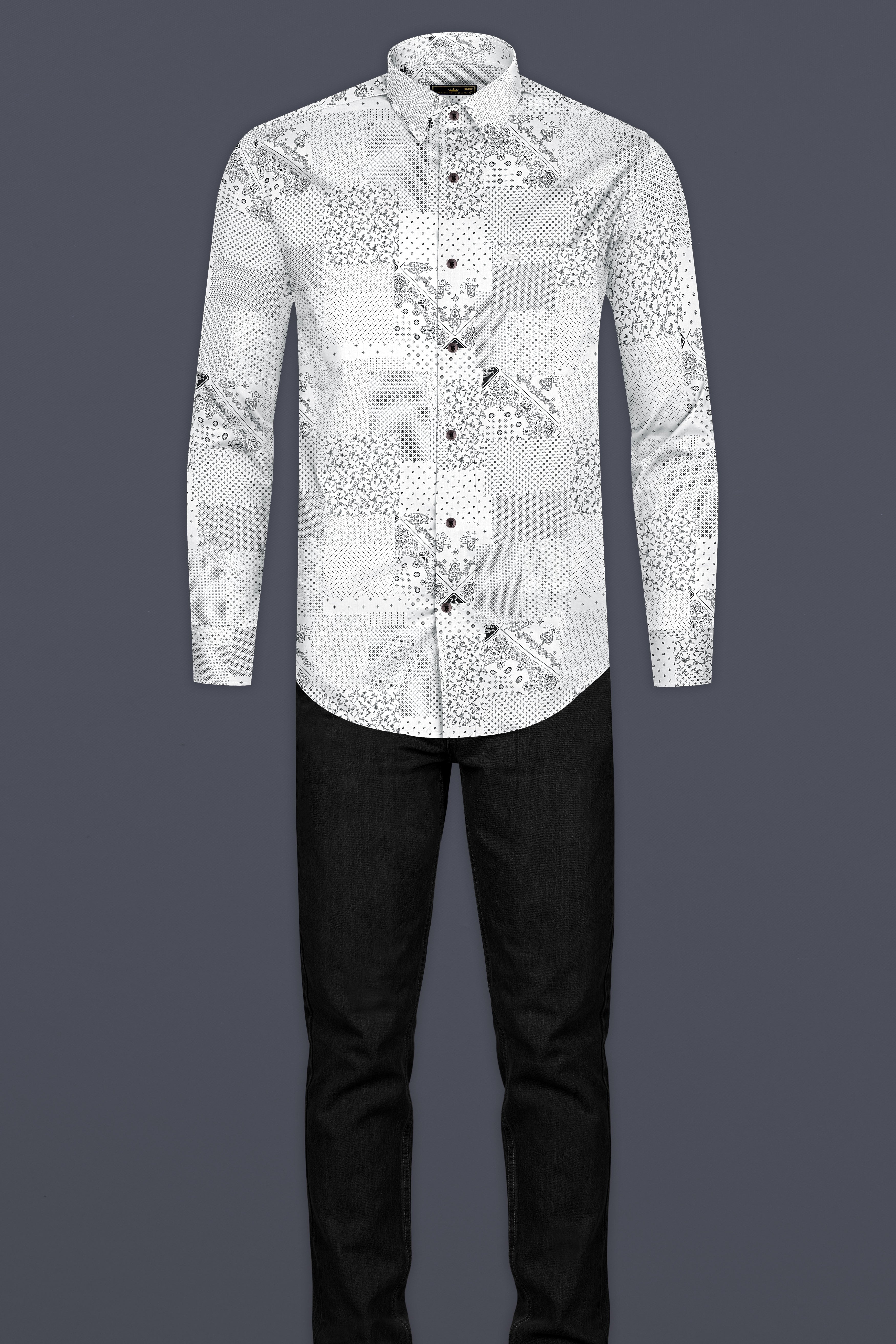 Bright White Square Shaped Paisleys and Flowers Printed Super Soft Premium Cotton Shirt