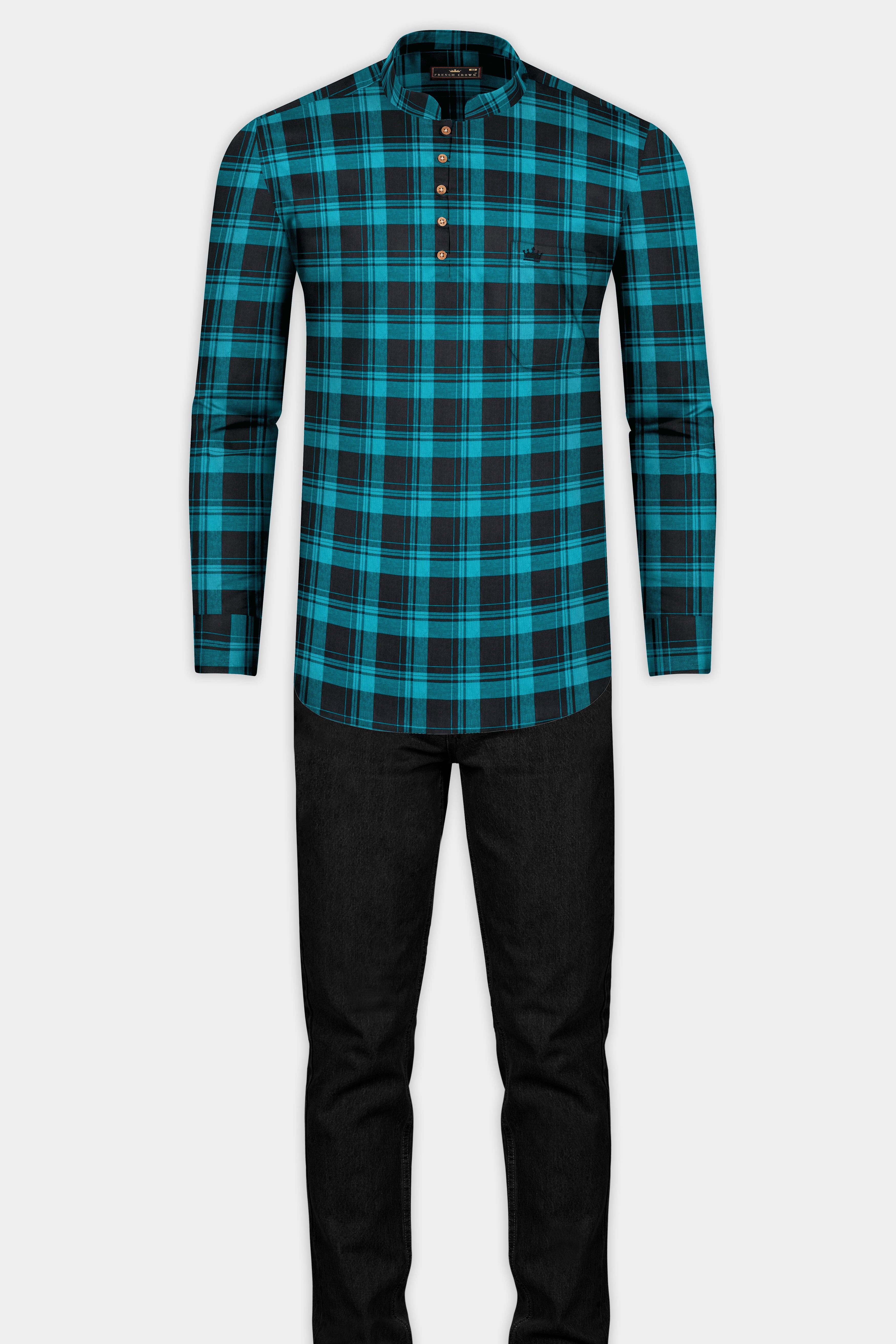 Robin Egg Blue With Jade Black Twill Checkered Premium Cotton Kurta Shirt