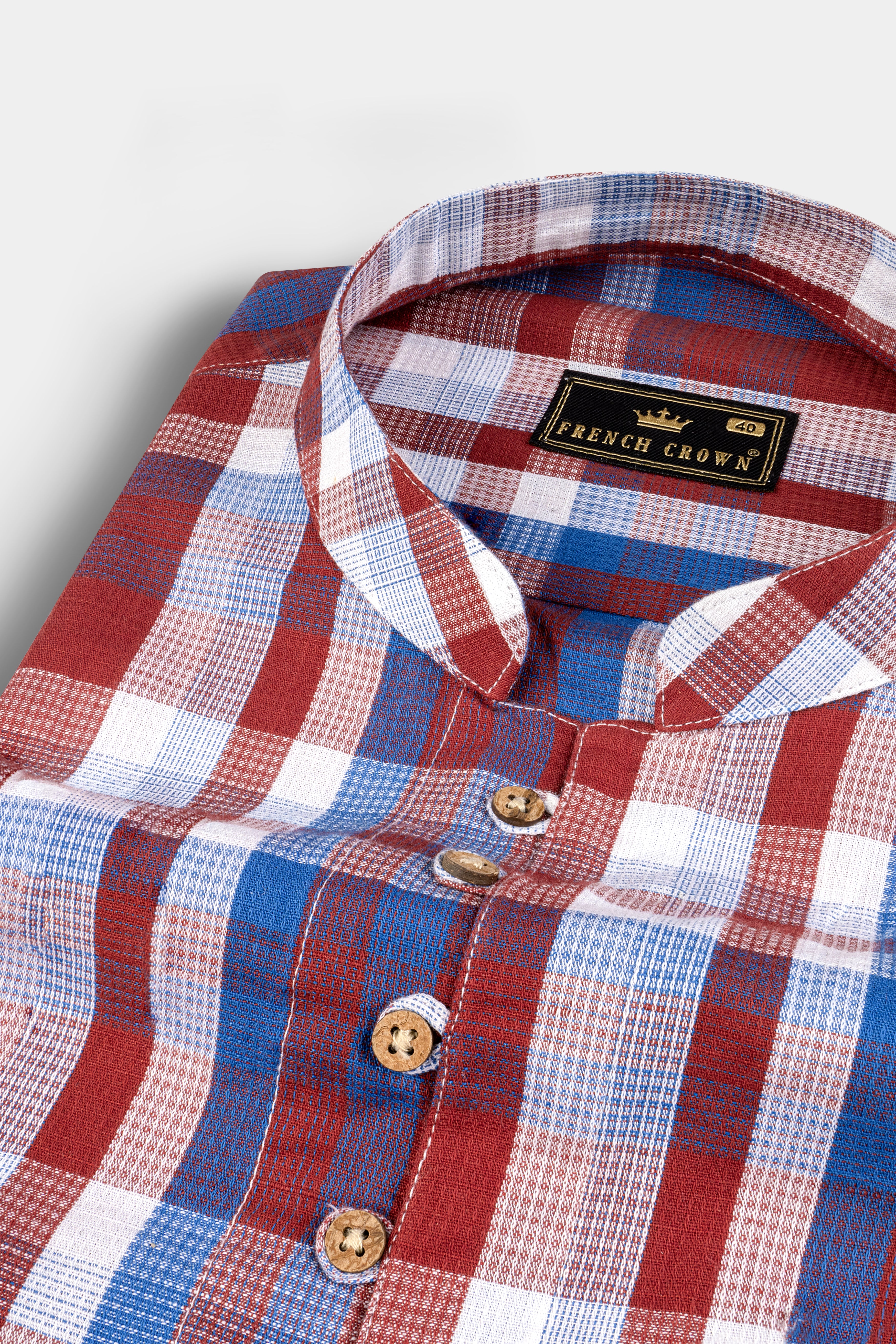 Chestnut Red and Venice Blue Plaid Dobby Textured Premium Giza Cotton Kurta Shirt
