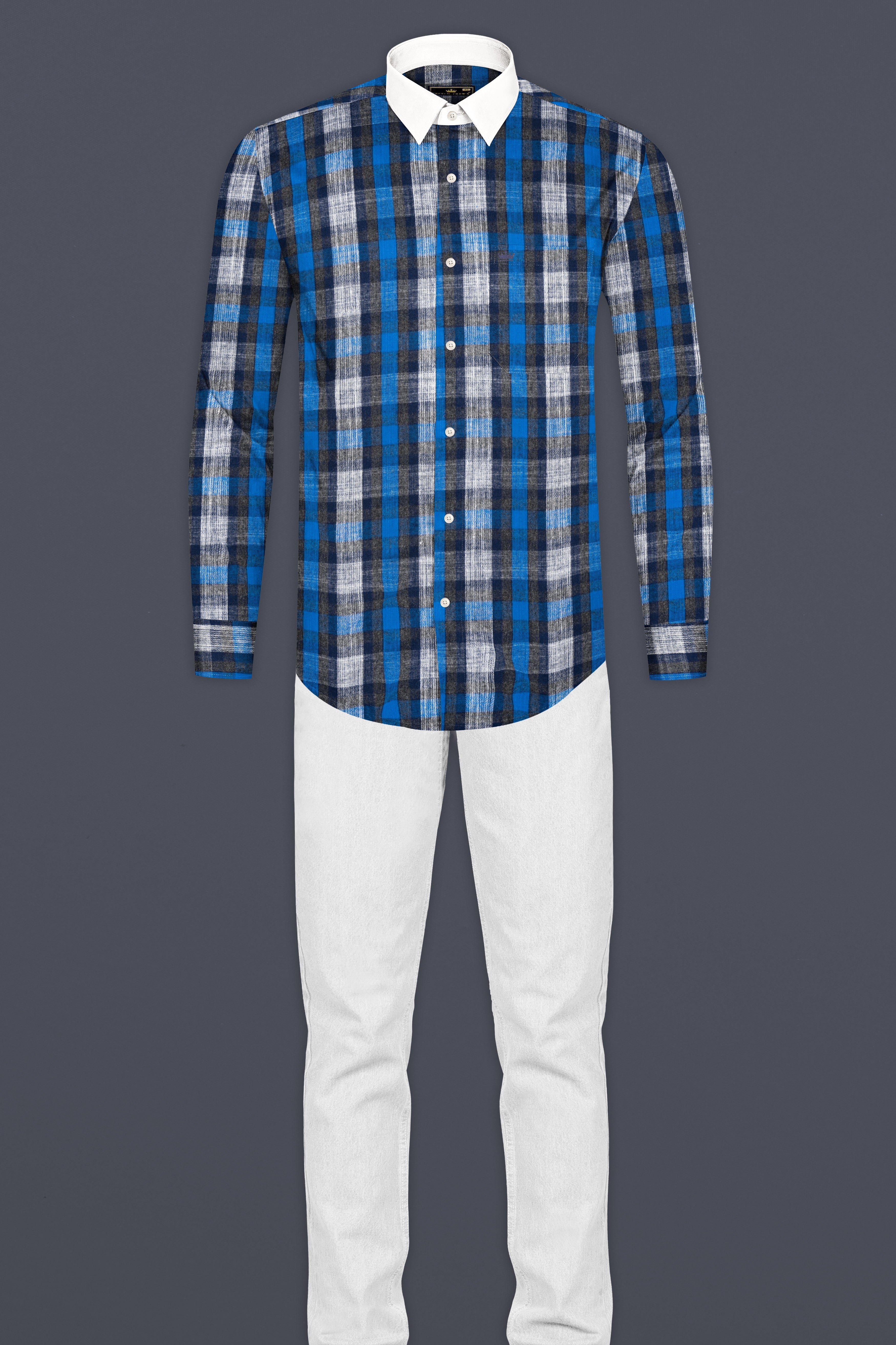 Alabaster White with Denim Blue Plaid Brushed Flannel Shirt