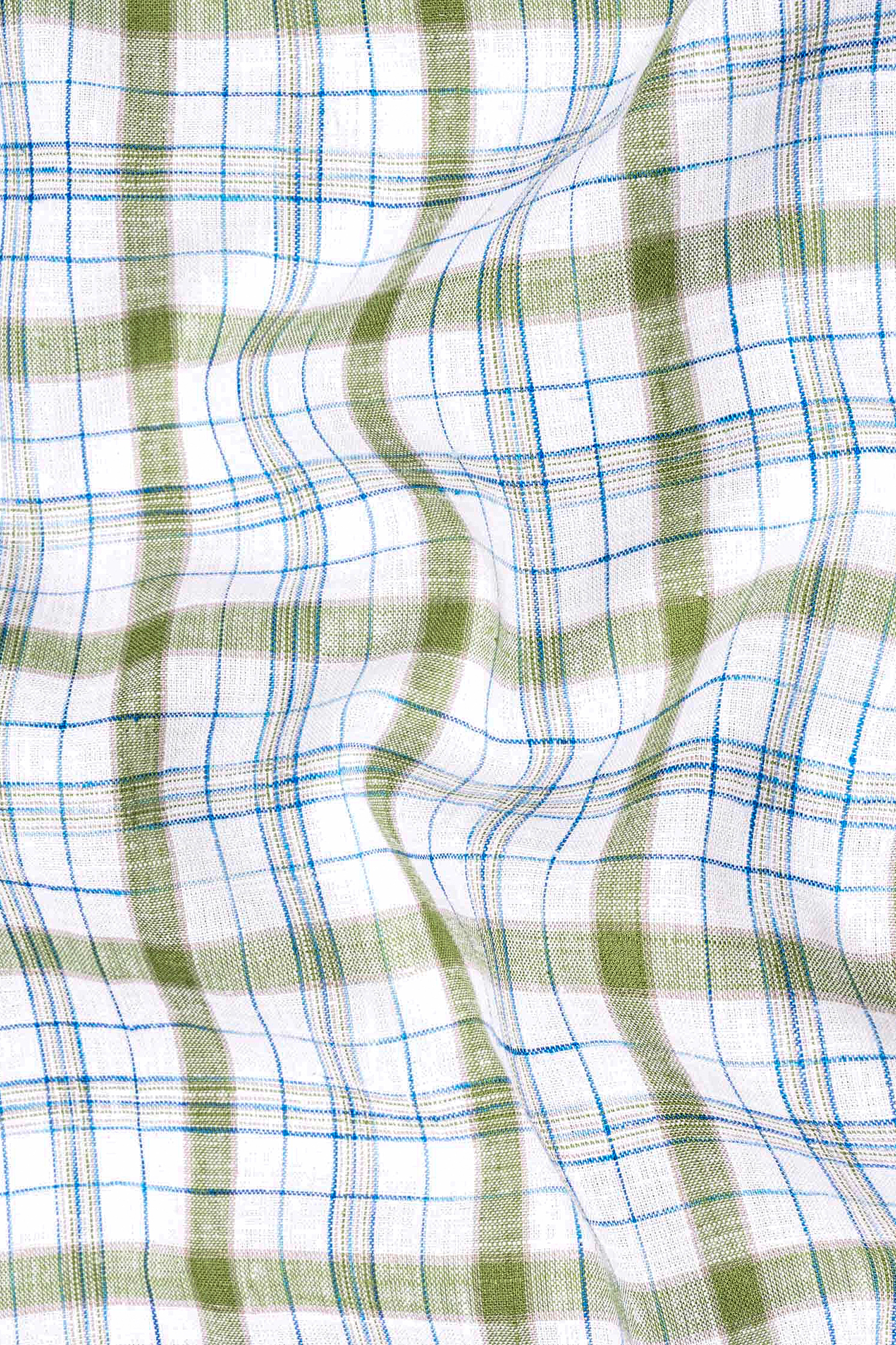 Bright White and Avocado Green Plaid Luxurious Linen Kurta Shirt