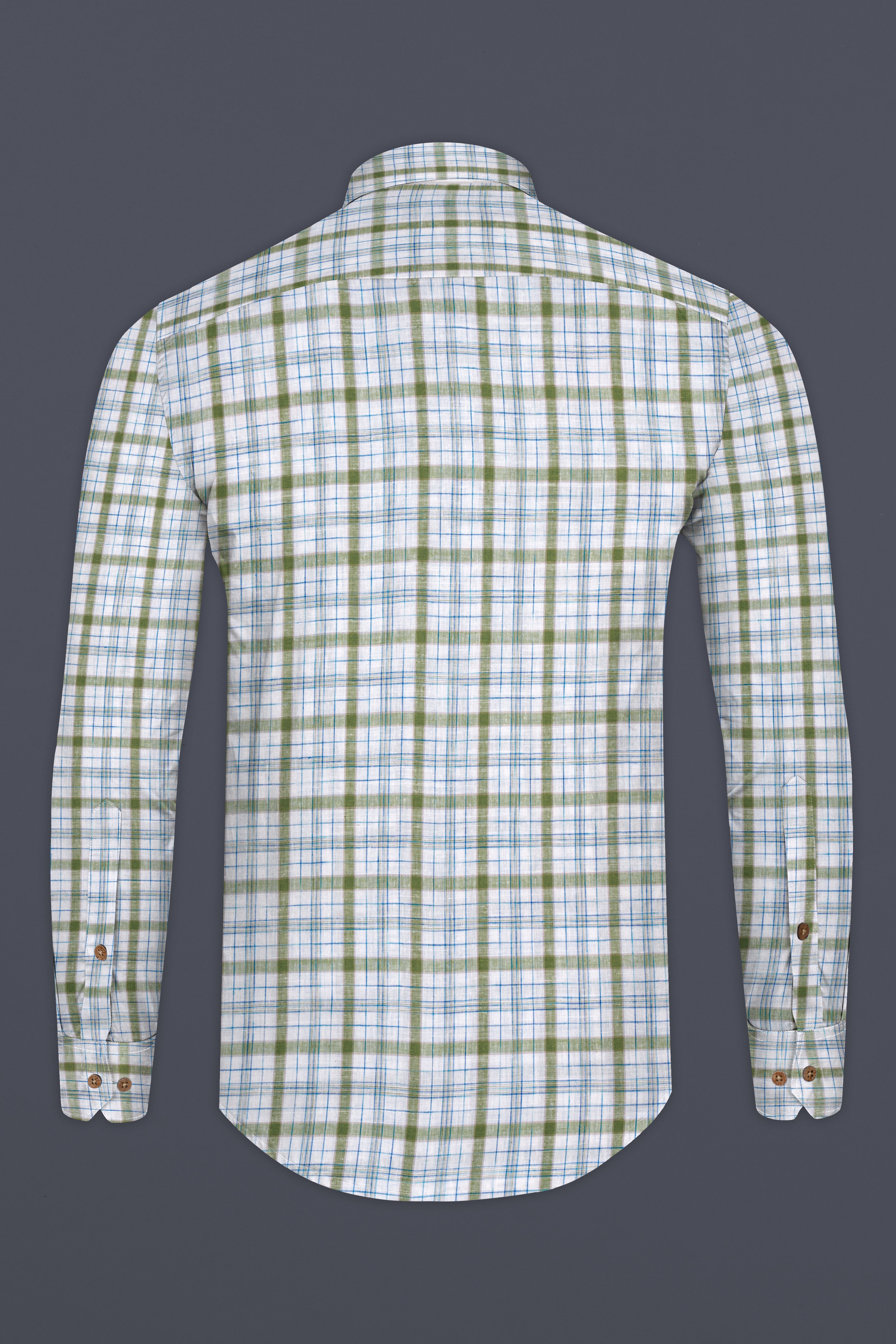 Bright White and Avocado Green Plaid Luxurious Linen Kurta Shirt