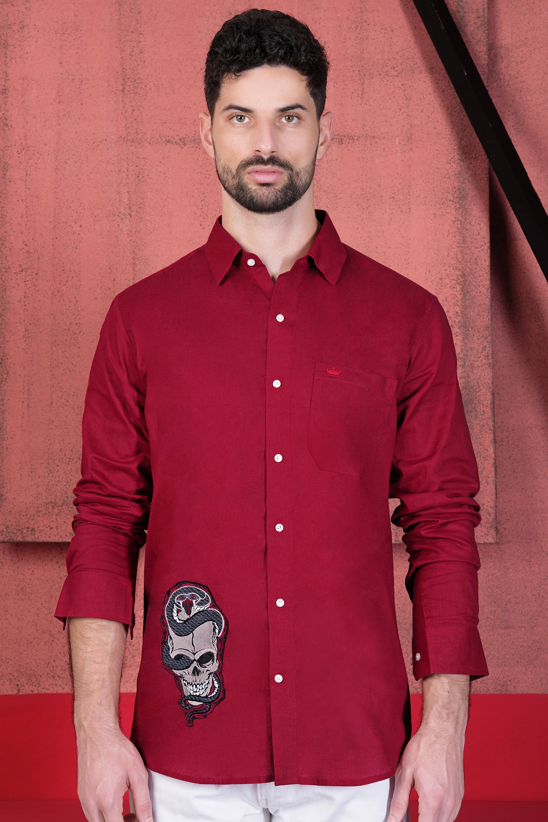 Merlot Red Evil Laughing Skull Patchwork Royal Oxford Designer Shirt