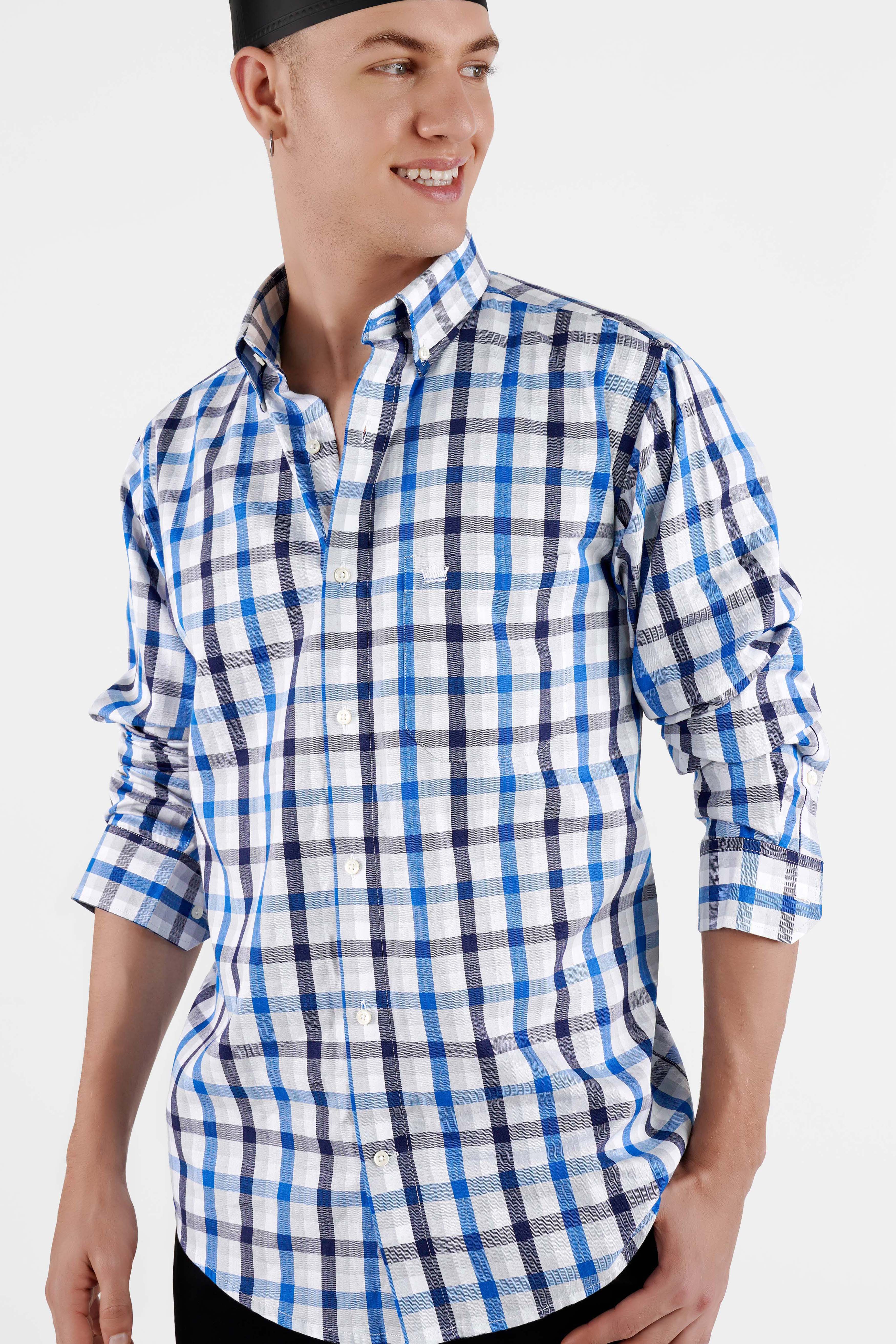 Downriver Blue and White Checkered with Funky Printed Herringbone Designer Shirt