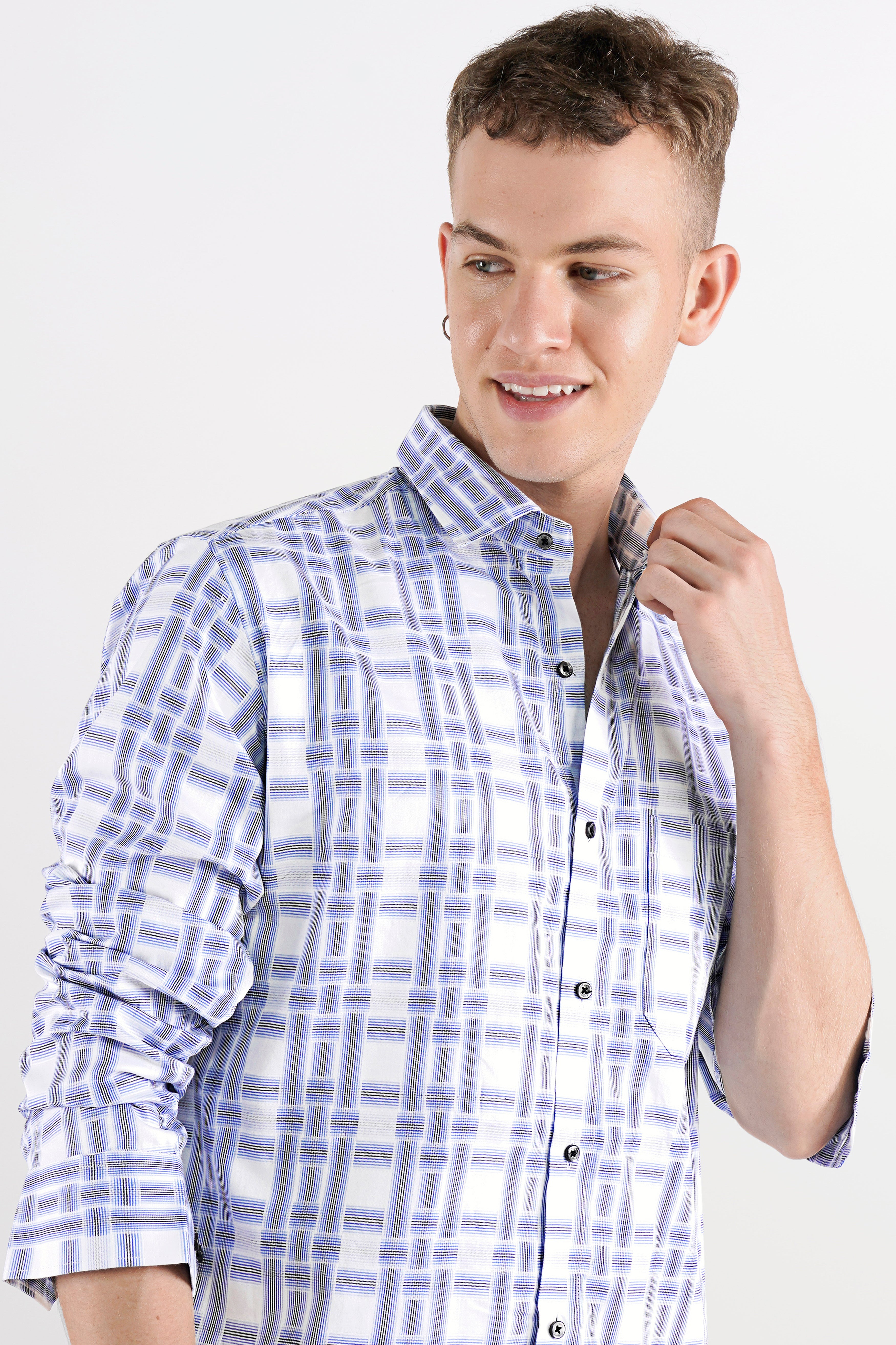 Bright White with Wistful Blue Dobby Textured Premium Giza Cotton Shirt