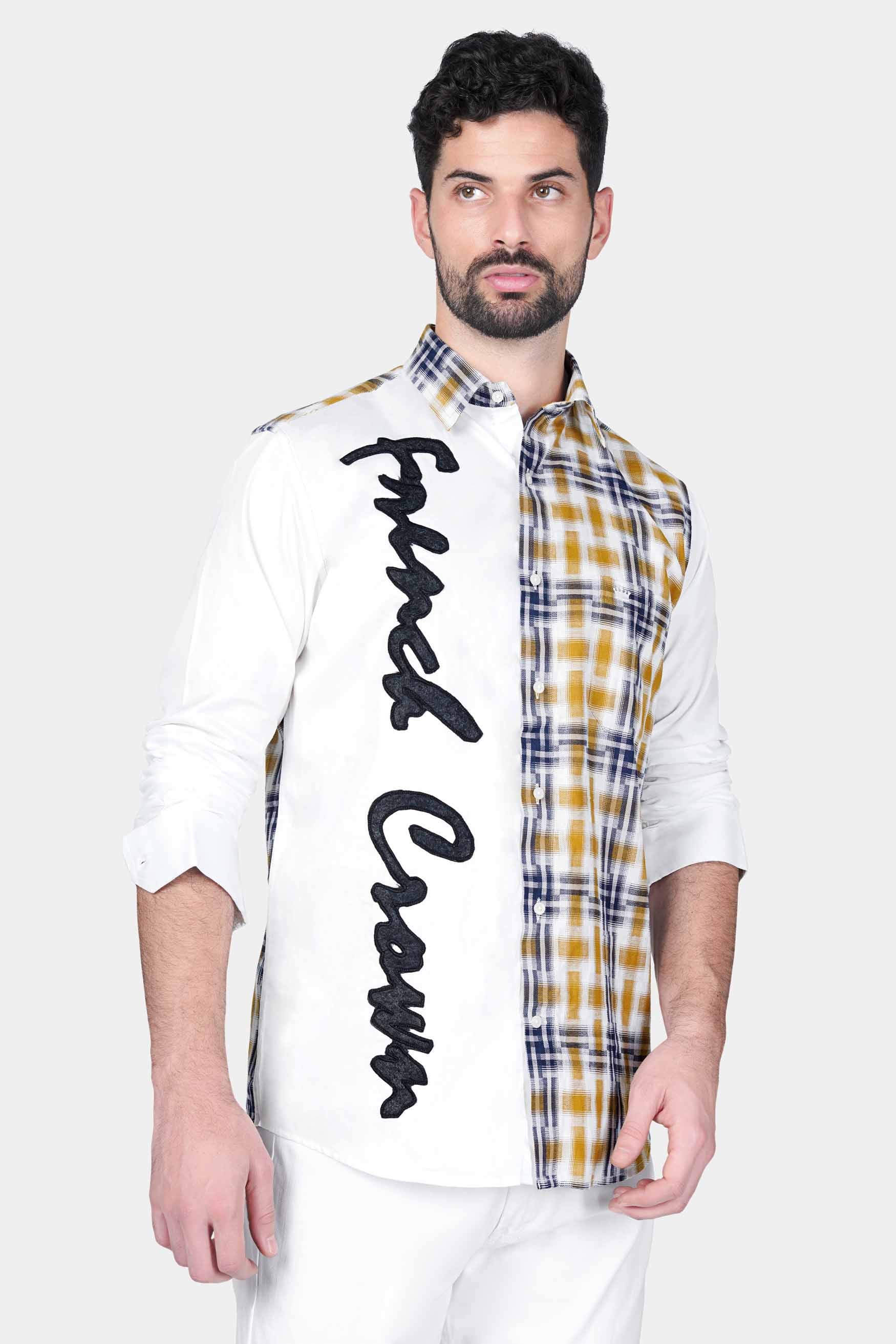 Bright White and Museli Brown Checkered and Brand Name Patch work Twill Premium Cotton Designer Shirt 6650-D5-E136-38, 6650-D5-E136-H-38, 6650-D5-E136-39, 6650-D5-E136-H-39, 6650-D5-E136-40, 6650-D5-E136-H-40, 6650-D5-E136-42, 6650-D5-E136-H-42, 6650-D5-E136-44, 6650-D5-E136-H-44, 6650-D5-E136-46, 6650-D5-E136-H-46, 6650-D5-E136-48, 6650-D5-E136-H-48, 6650-D5-E136-50, 6650-D5-E136-H-50, 6650-D5-E136-52, 6650-D5-E136-H-52