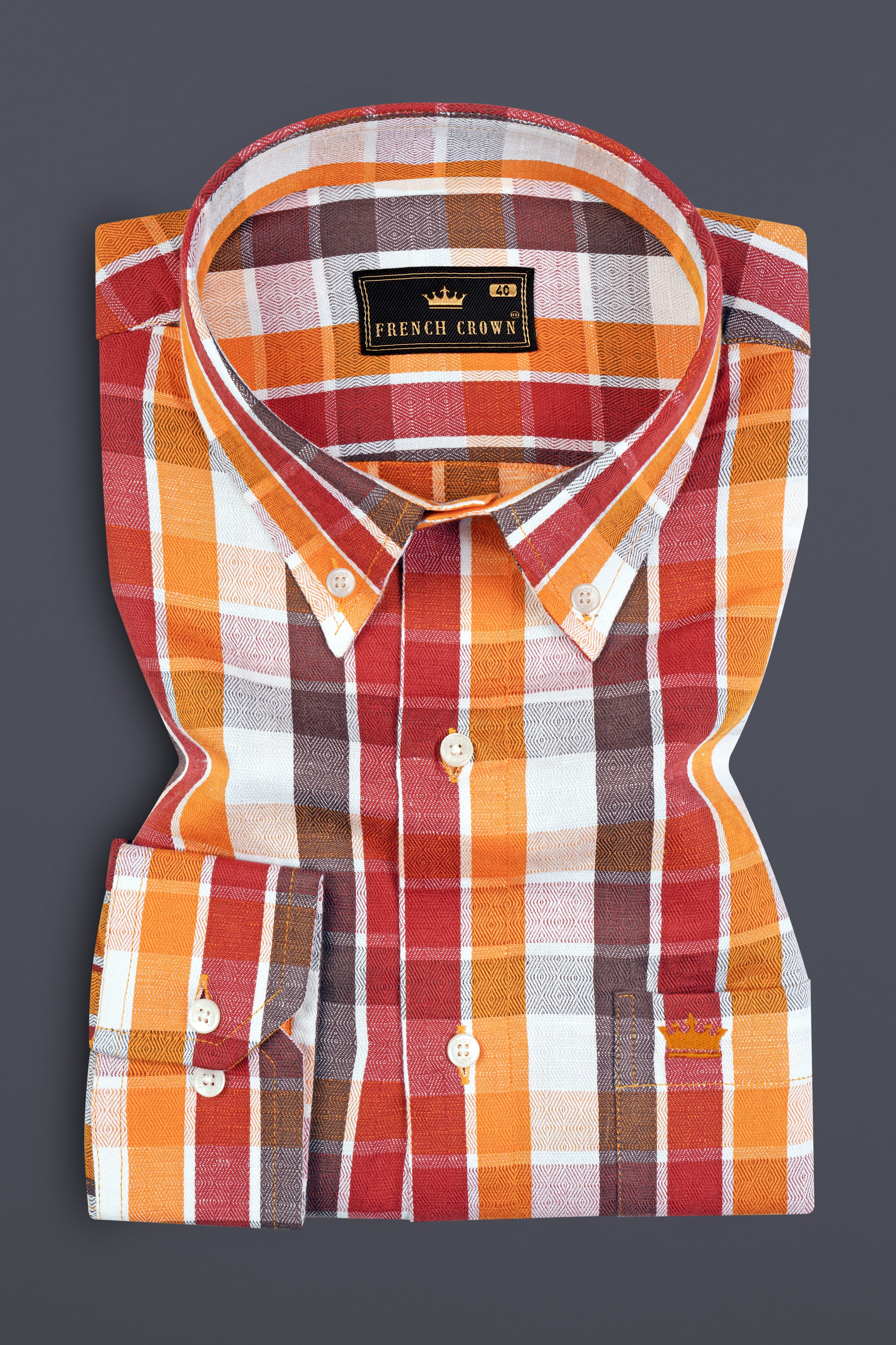 Fire Bush Orange and Rose Madder Red Plaid Dobby Textured Premium Giza Cotton Shirt