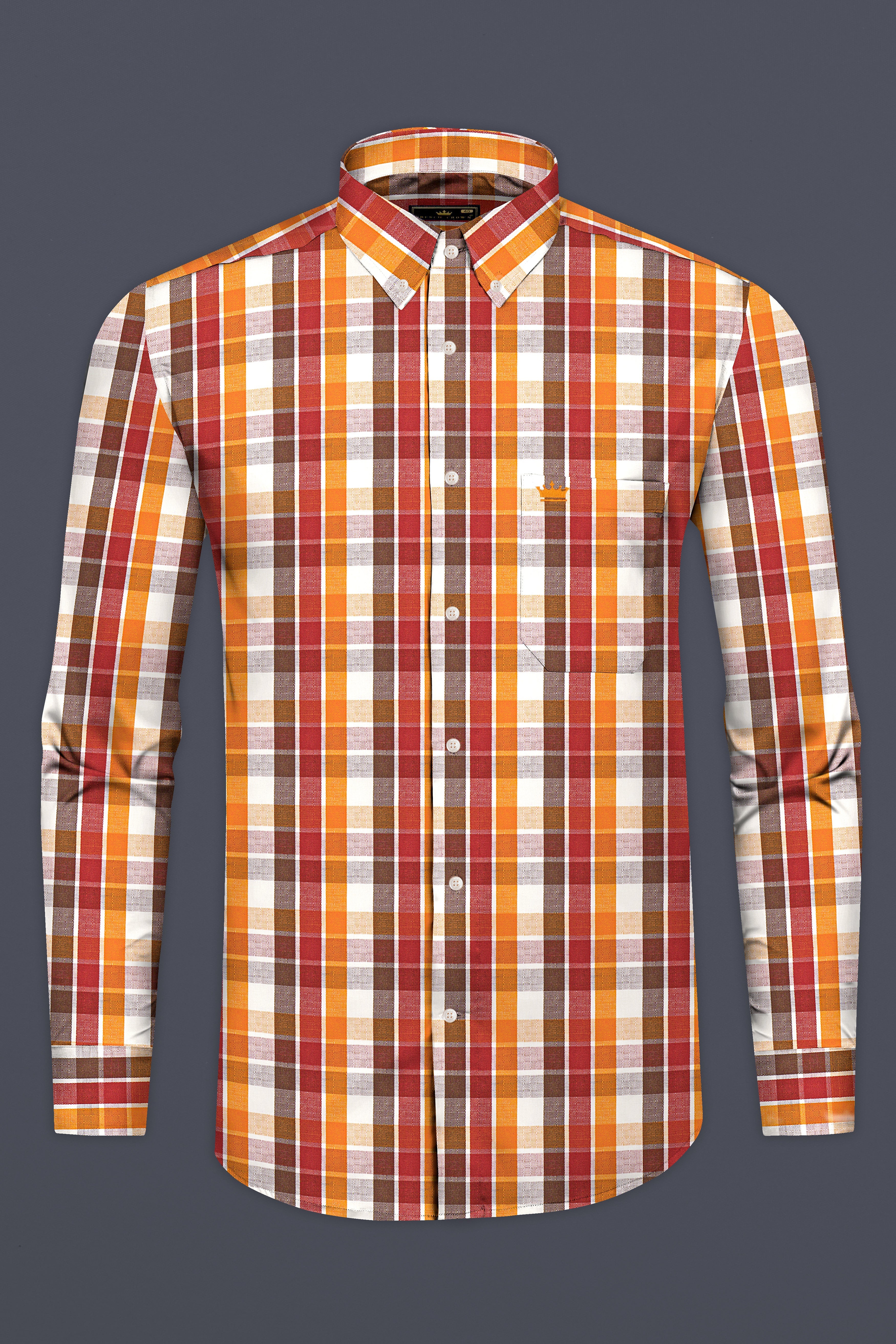 Fire Bush Orange and Rose Madder Red Plaid Dobby Textured Premium Giza Cotton Shirt