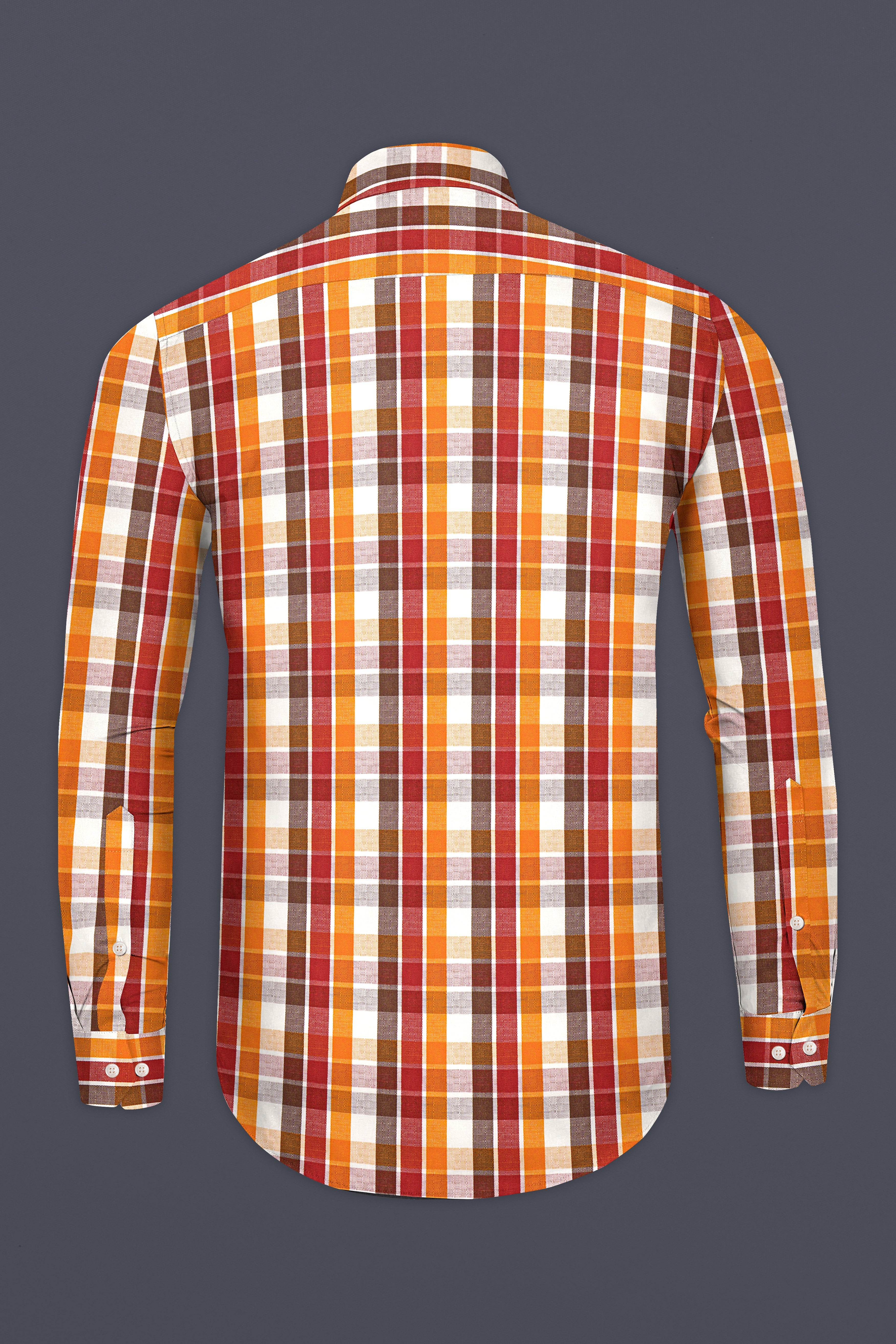 Fire Bush Orange and Rose Madder Red Plaid Dobby Textured Premium Giza Cotton Shirt