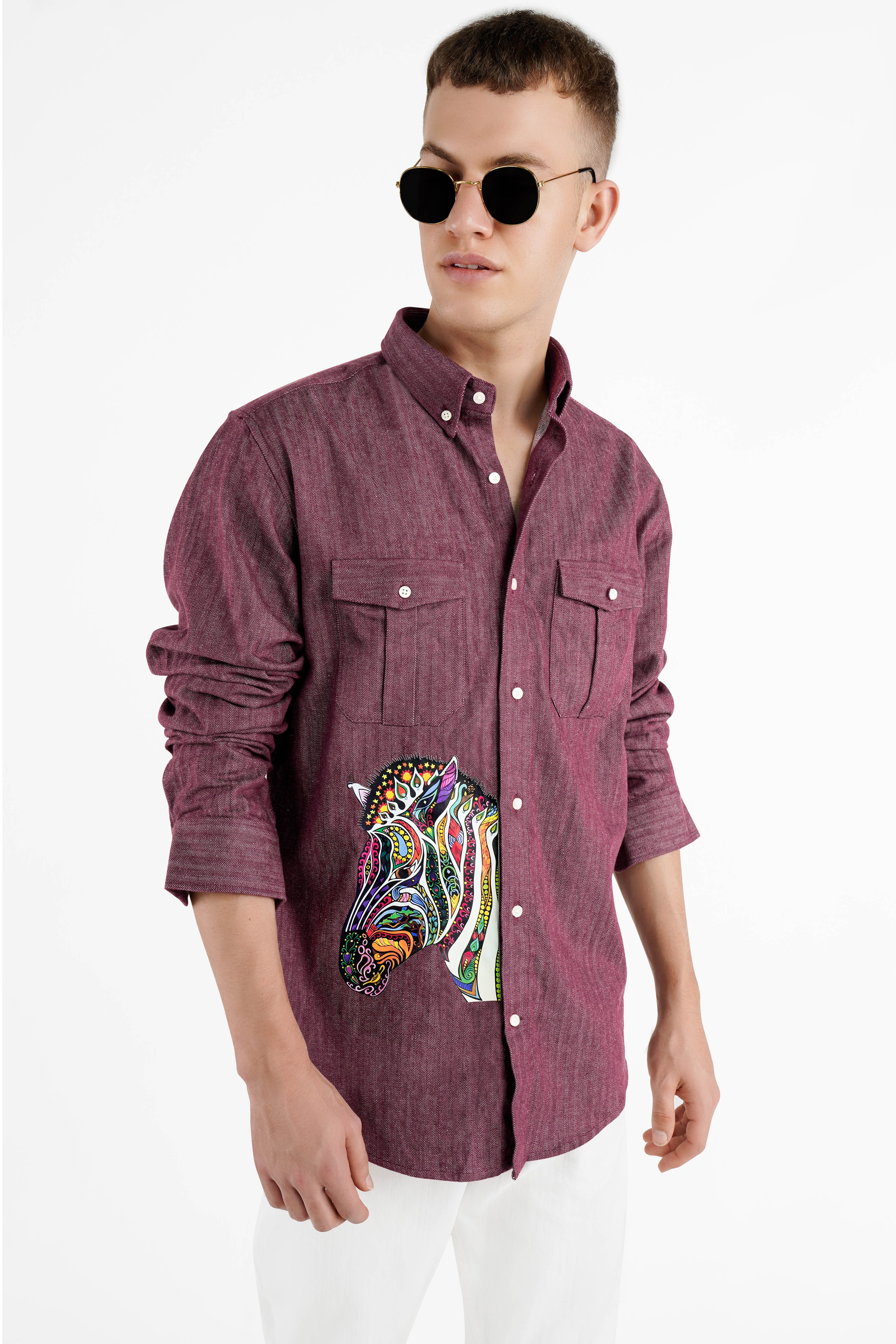Finn Brown Horse Printed Herringbone Button-Down Designer Shirt