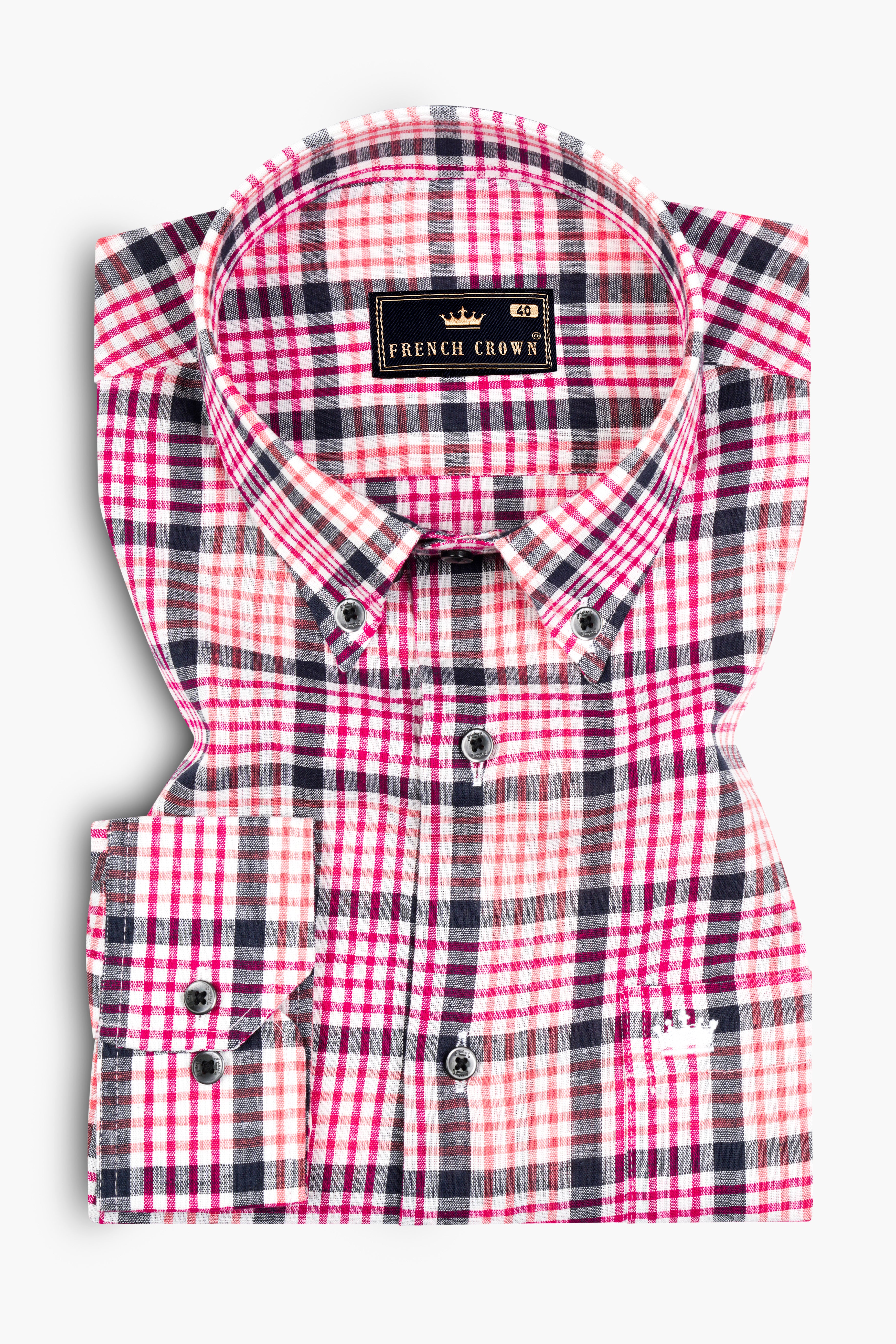 White and Bittersweet Peach Multicolour Plaid Luxurious Linen Shirt