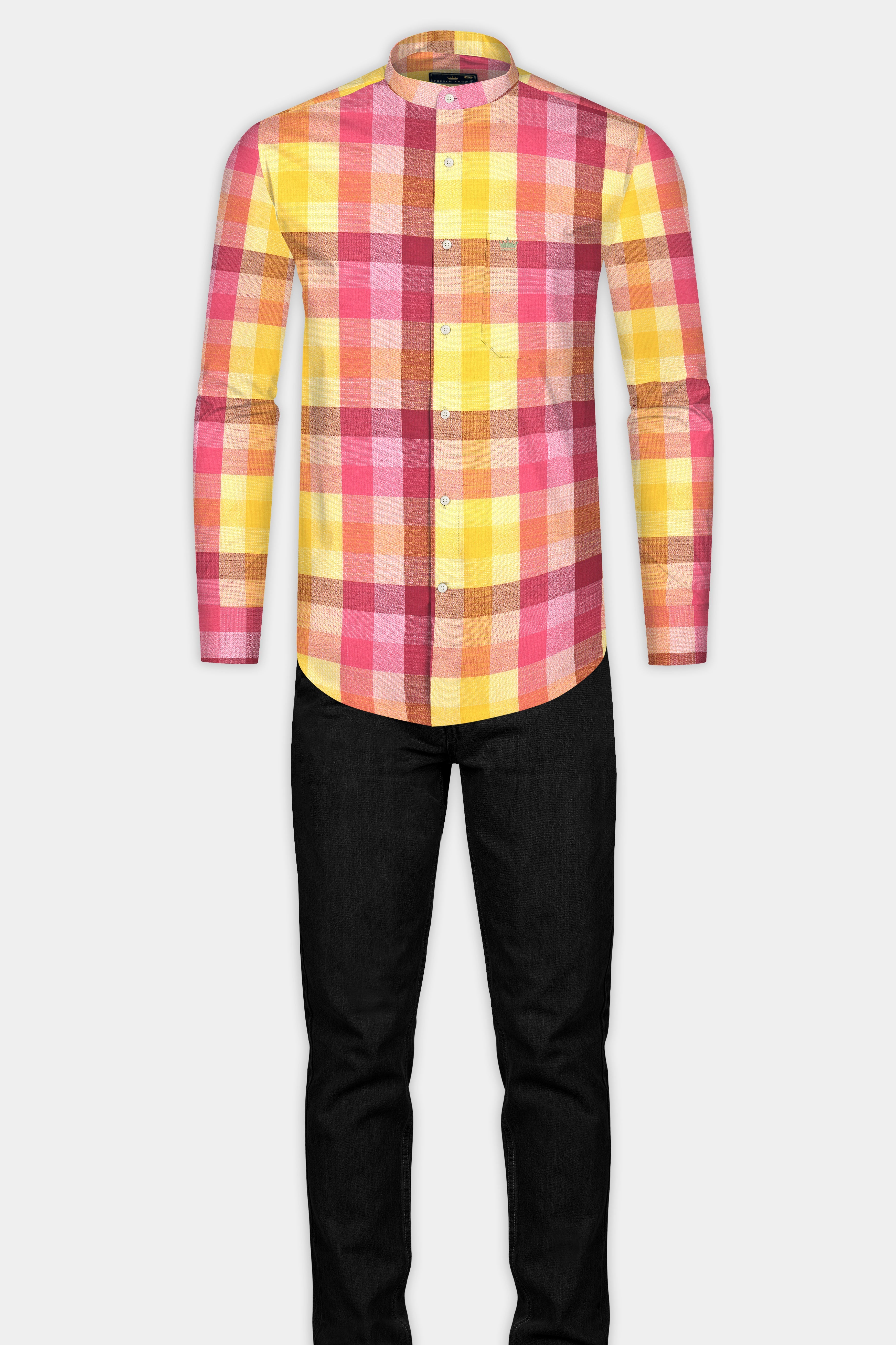 Bright Sun Yellow with Stiletto Red Twill Plaid Premium Cotton Shirt