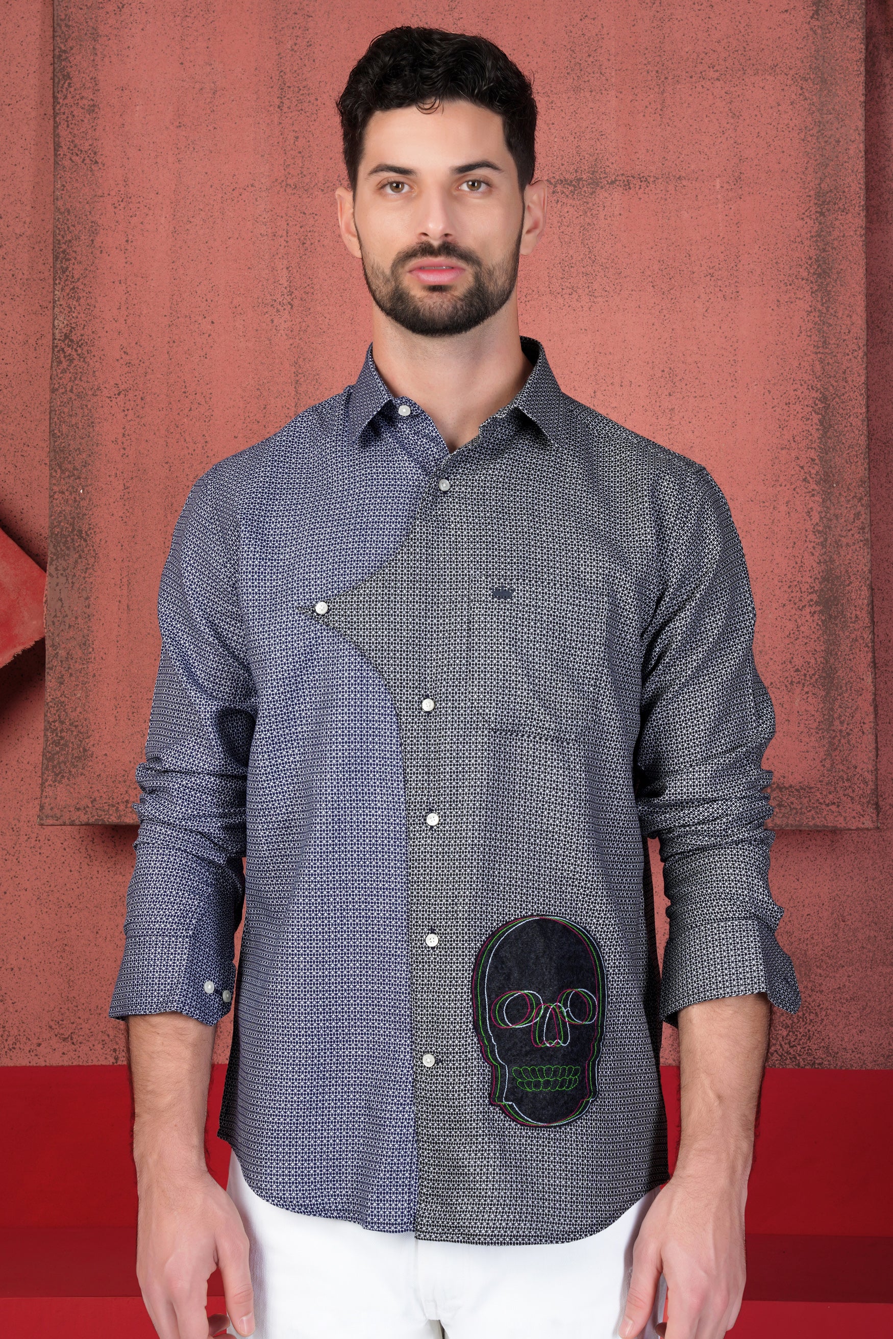 Twilight Blue and Baltic Sea Black Printed with Patchwork Dobby Textured Premium Giza Cotton Designer Shirt