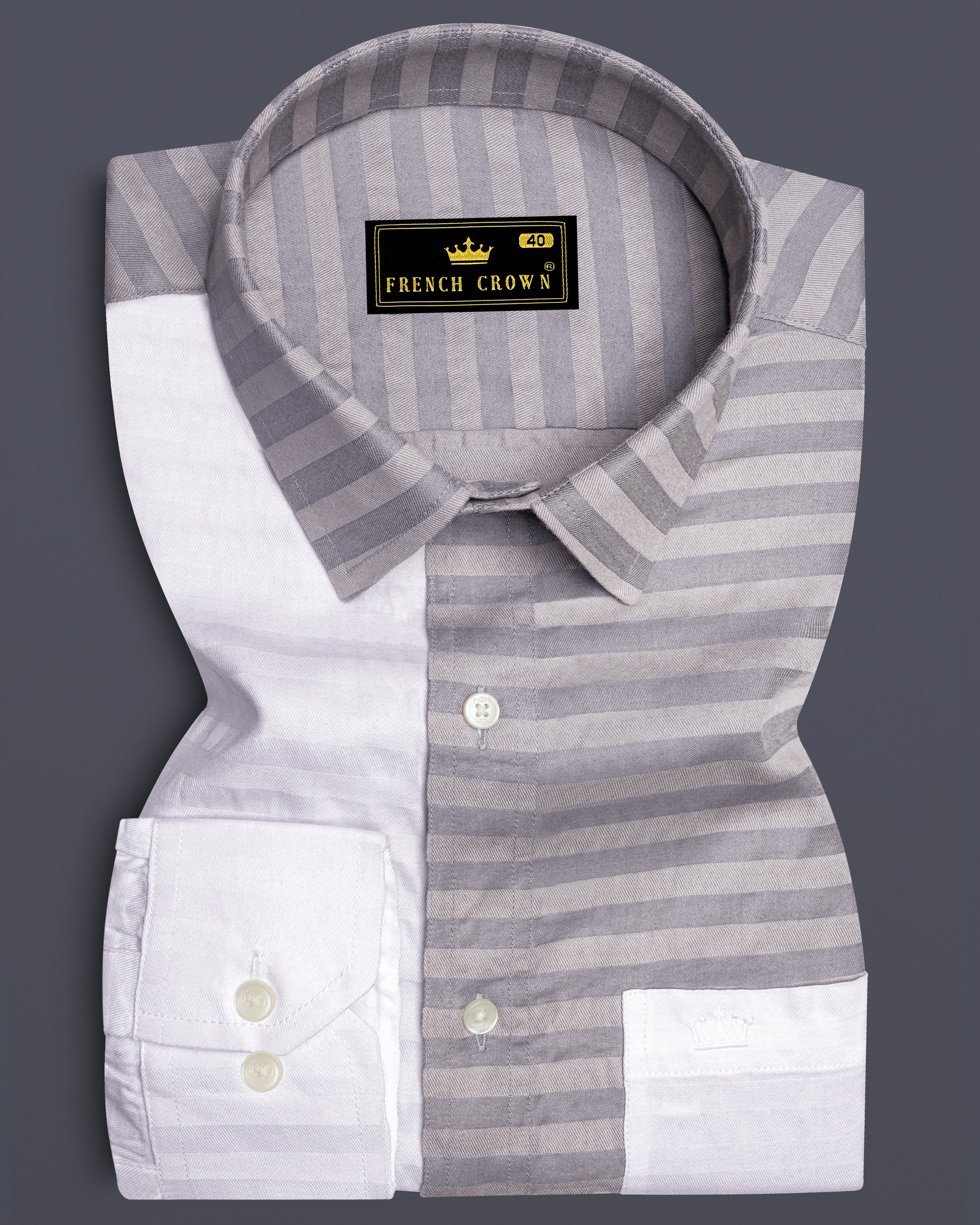 Half White and Half Grey Striped Twill Premium Cotton Designer Shirt