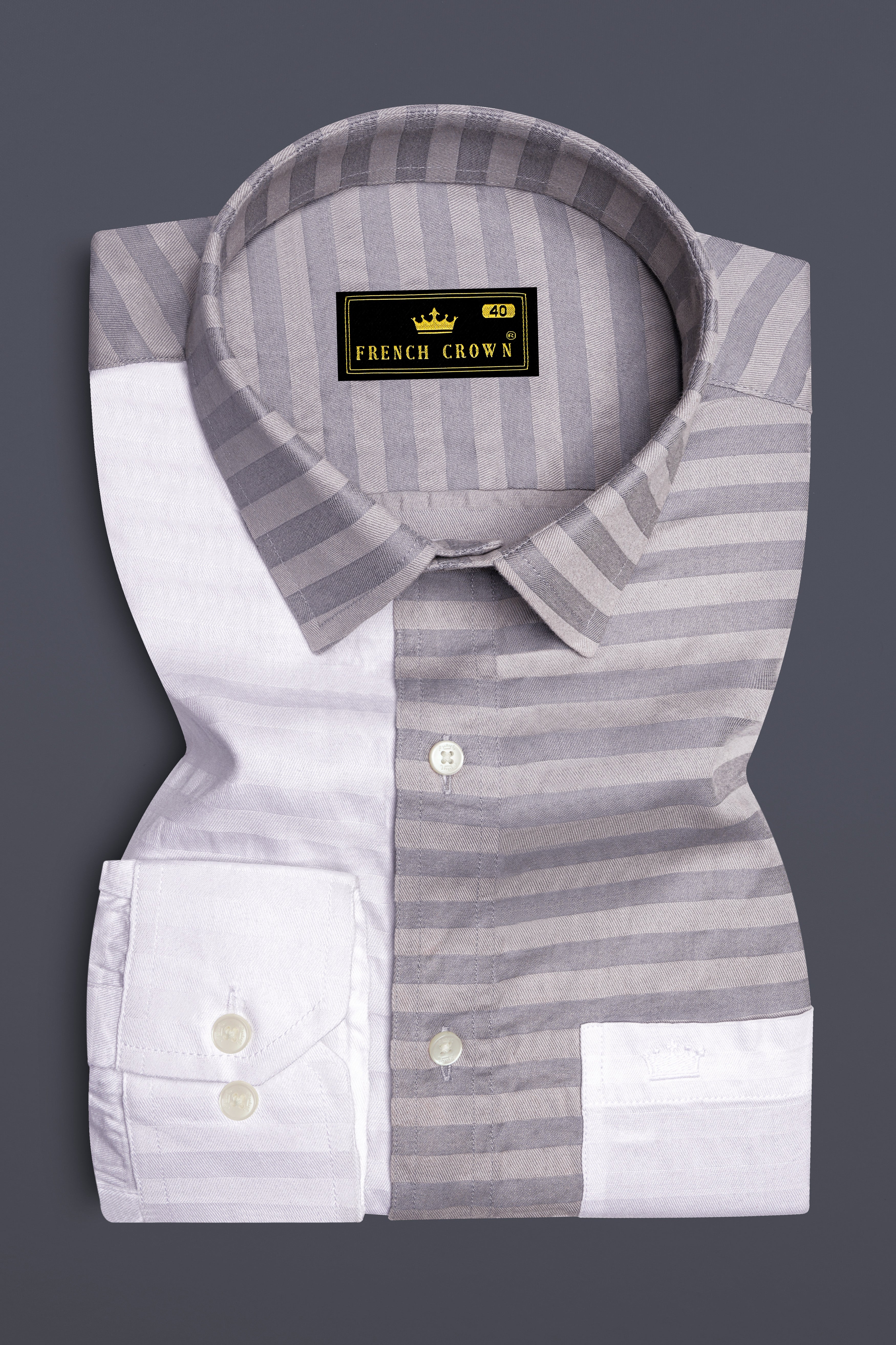 Half White and Half Grey Striped Twill Premium Cotton Designer Shirt