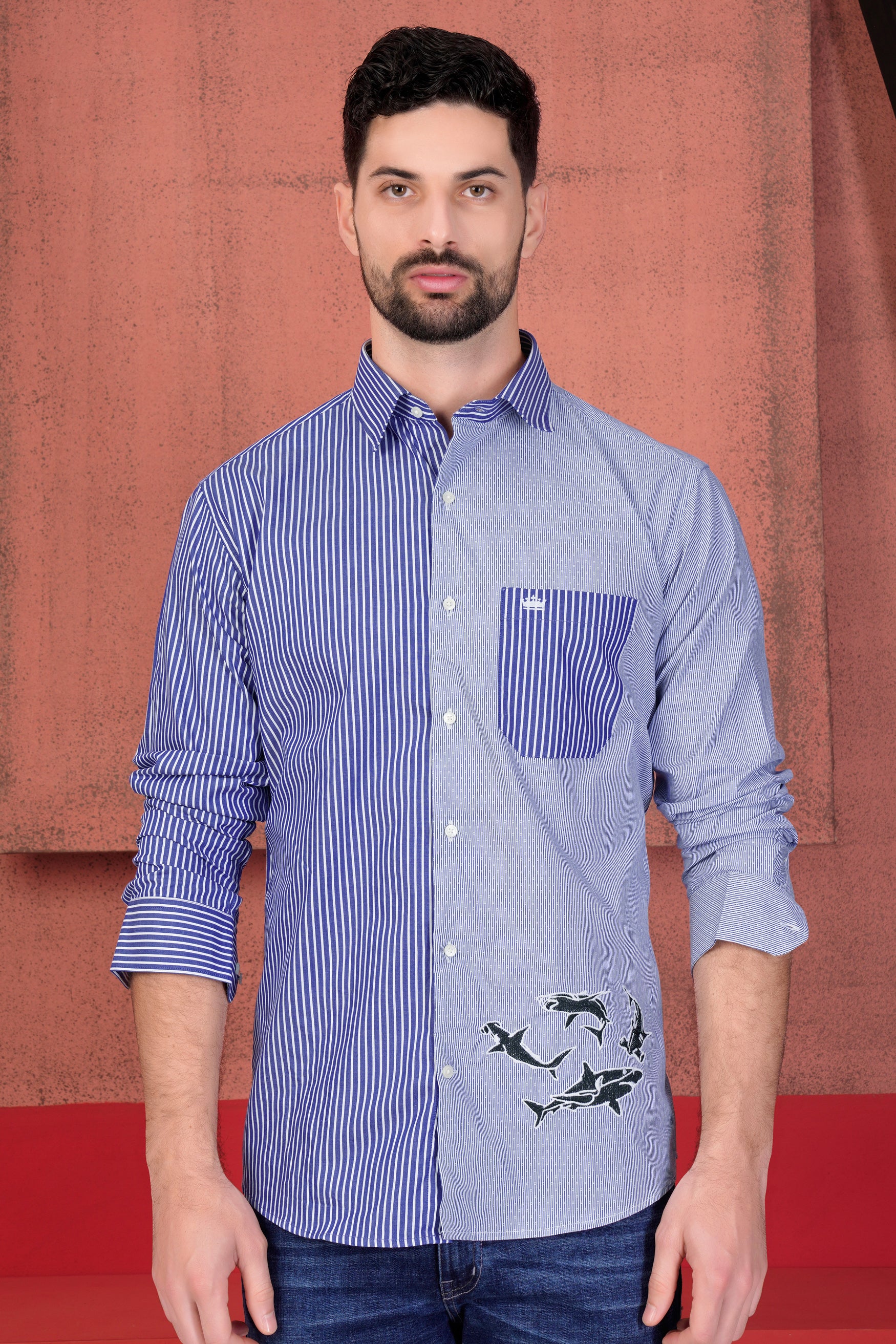 Bright White and Astronaut Blue Striped with Fishes Embroidered Premium Cotton Designer Shirt