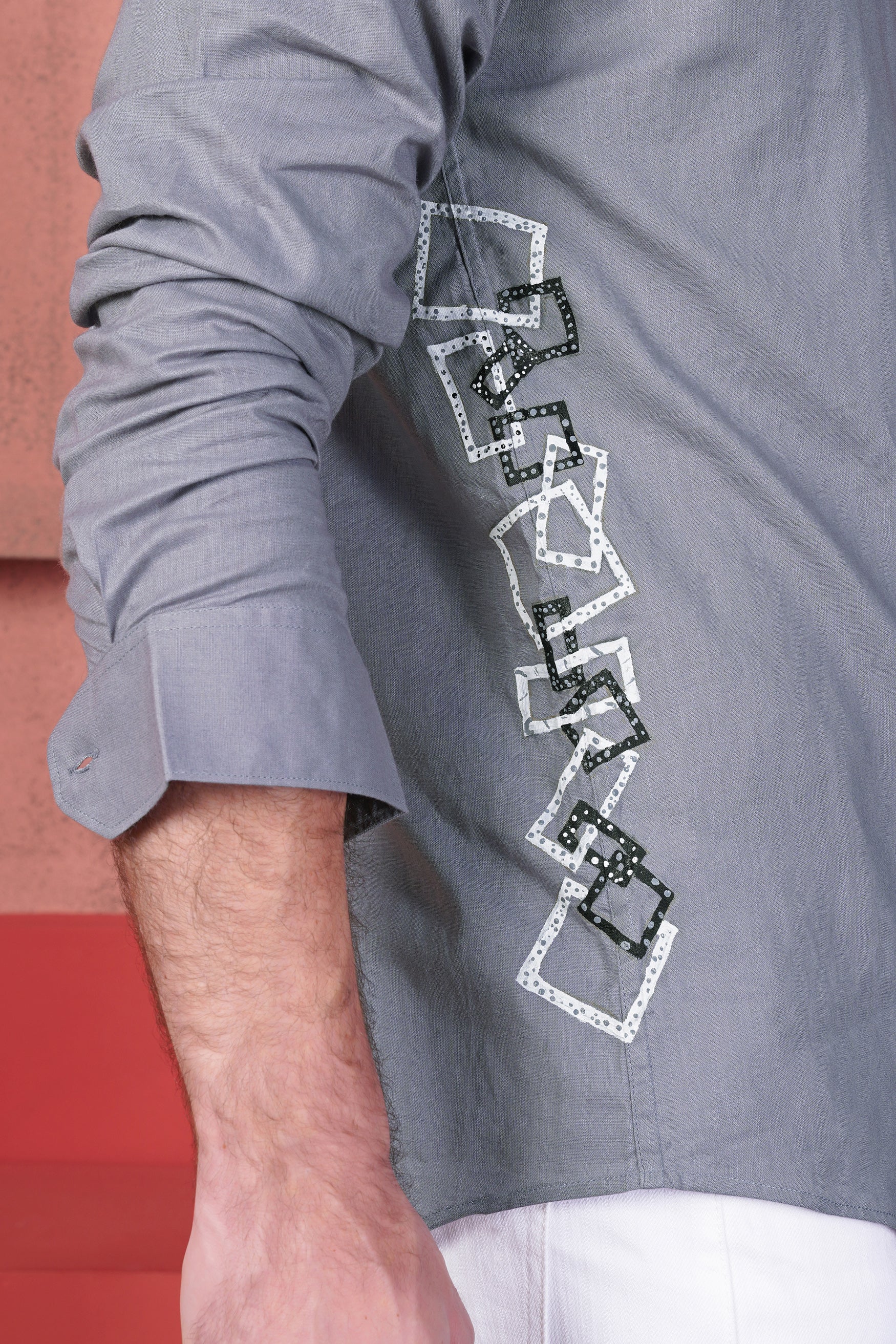 Topaz Gray Geometric Shapes Hand Painted Luxurious Linen Designer Shirt
