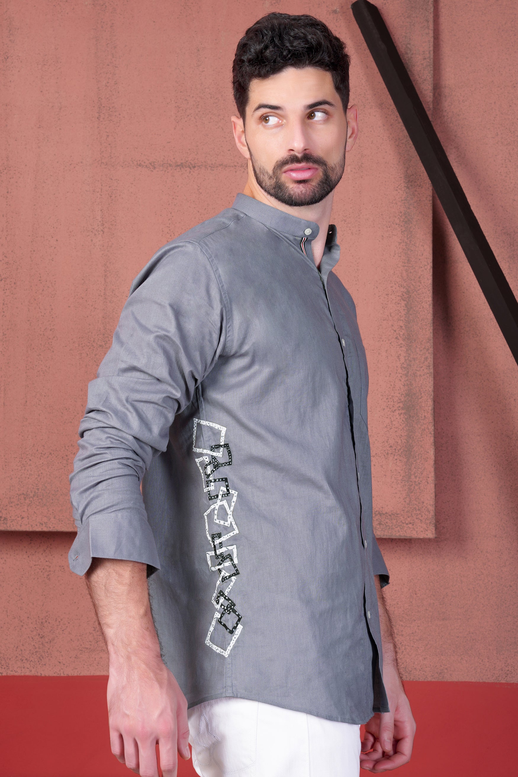 Topaz Gray Geometric Shapes Hand Painted Luxurious Linen Designer Shirt