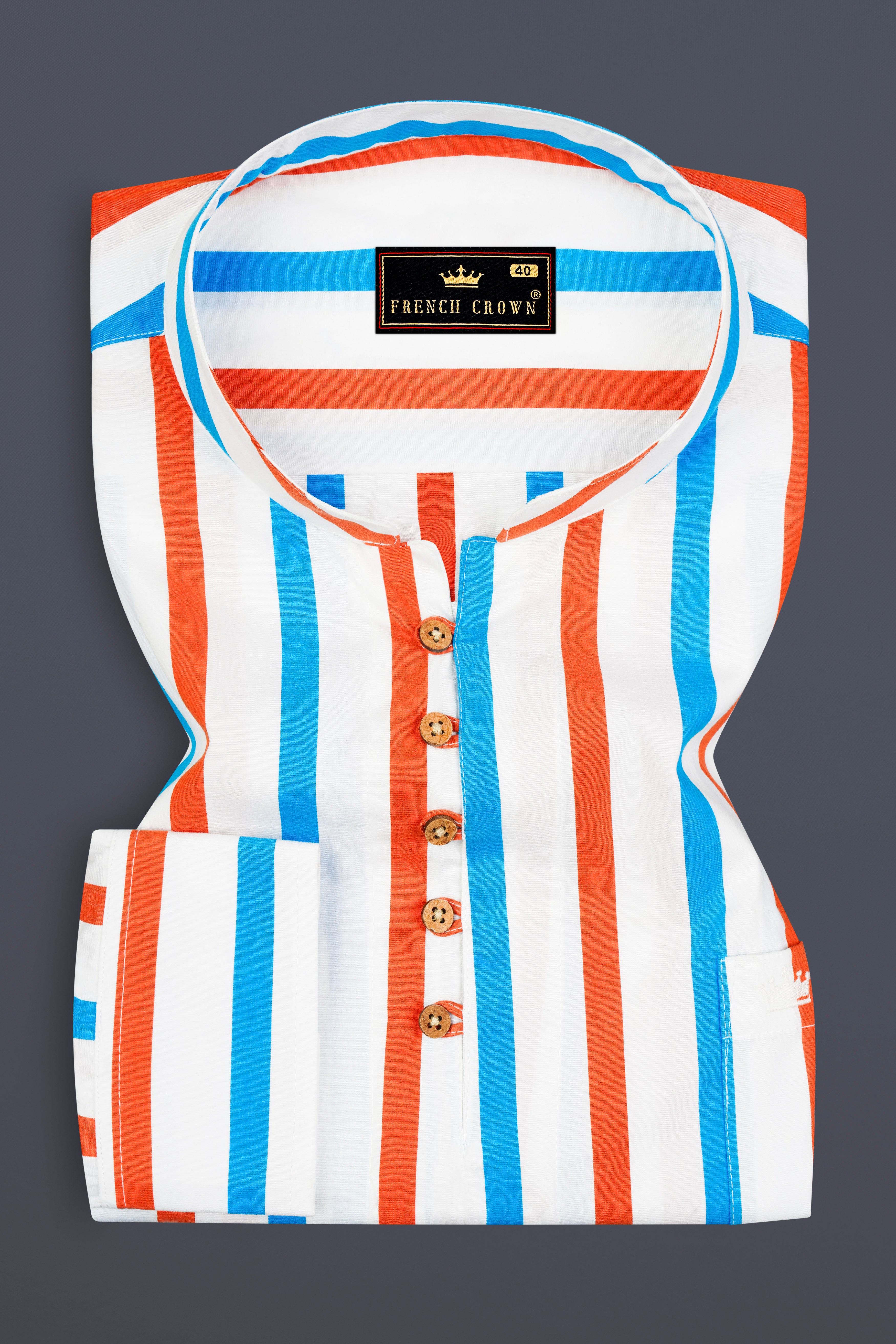 Cornflower Blue with Outrageous Orange Striped Premium Cotton Kurta Shirt