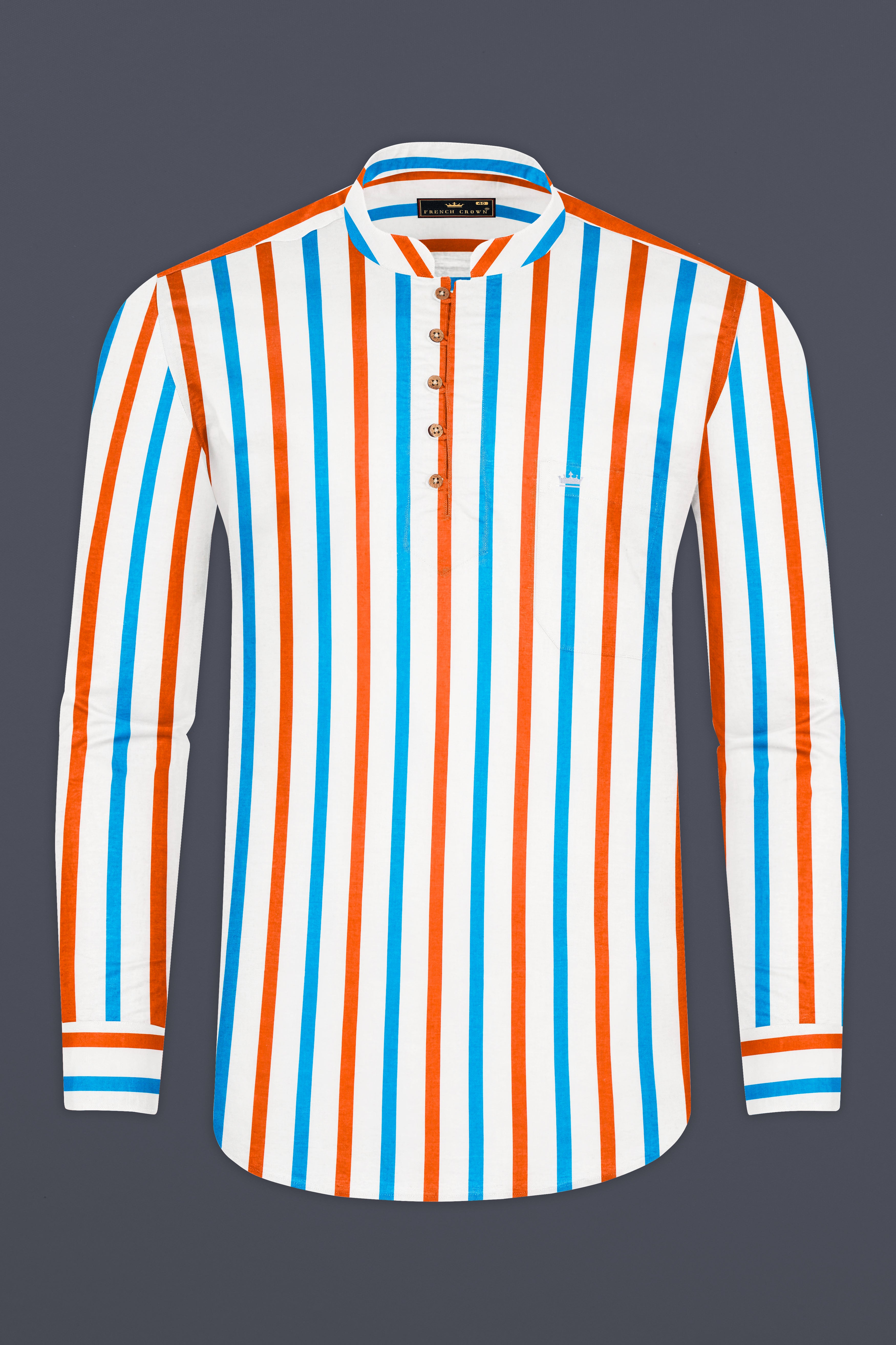 Cornflower Blue with Outrageous Orange Striped Premium Cotton Kurta Shirt