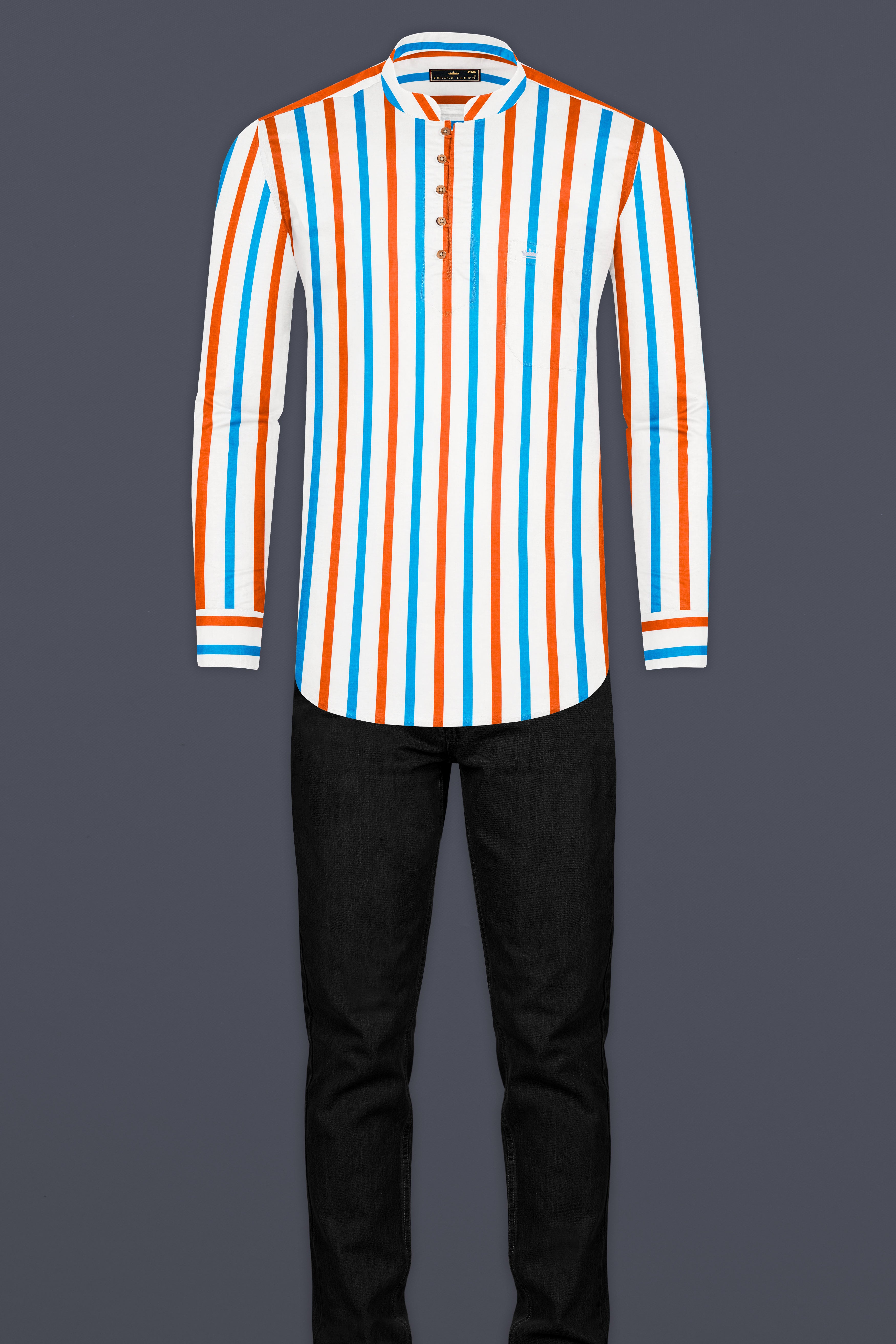 Cornflower Blue with Outrageous Orange Striped Premium Cotton Kurta Shirt