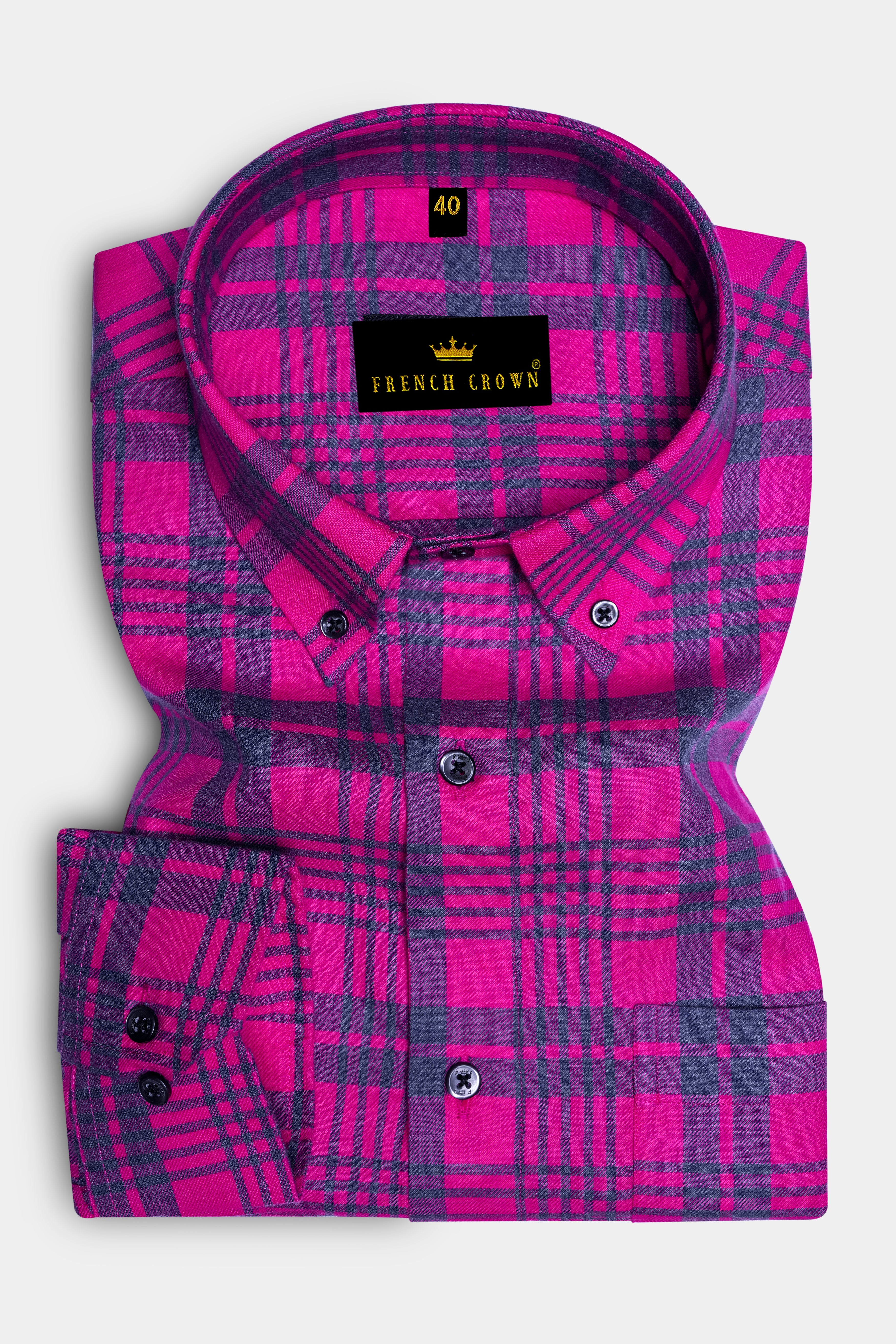 Cerise Pink Twill Plaid Premium Cotton Shirt