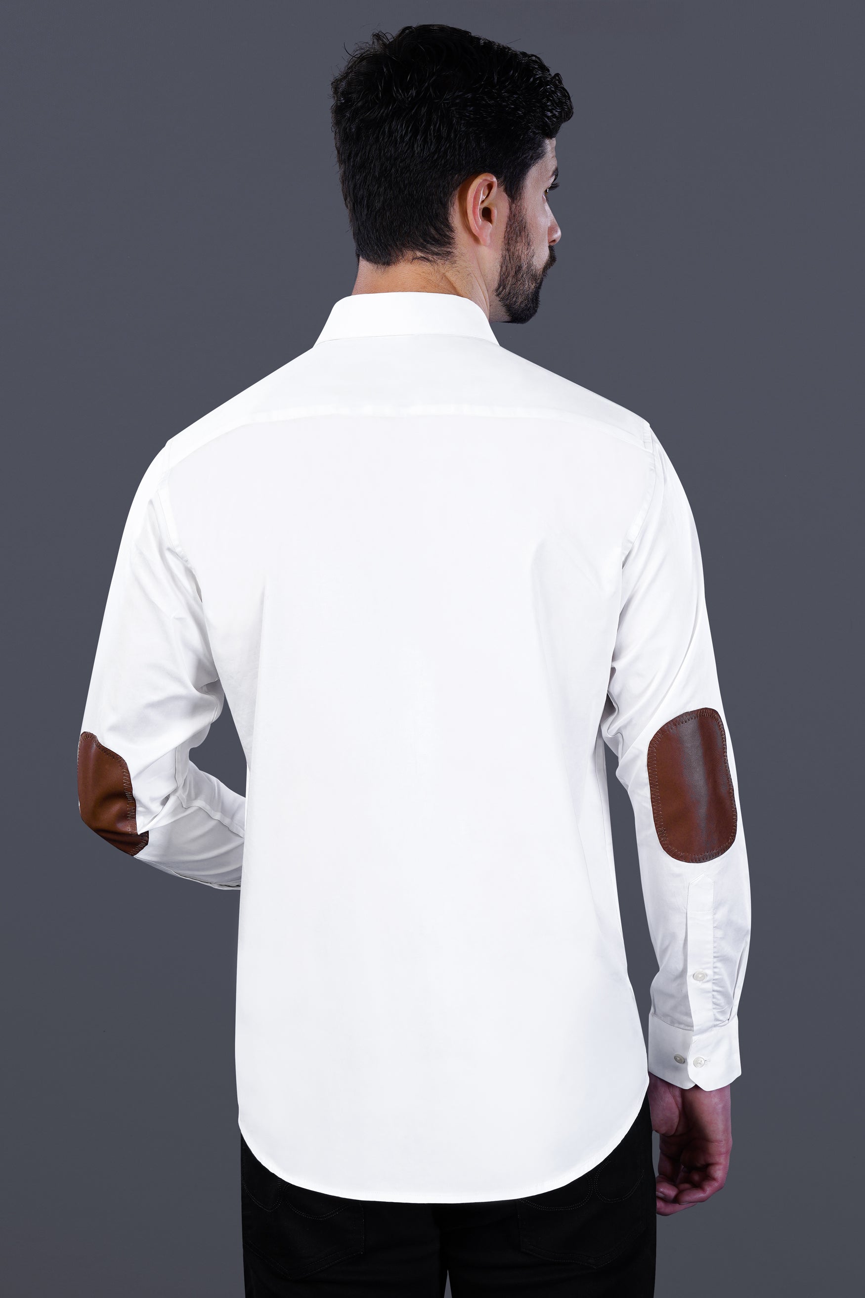 Bright White Subtle Sheen with leather elbow patch Super Soft Premium Cotton Shirt