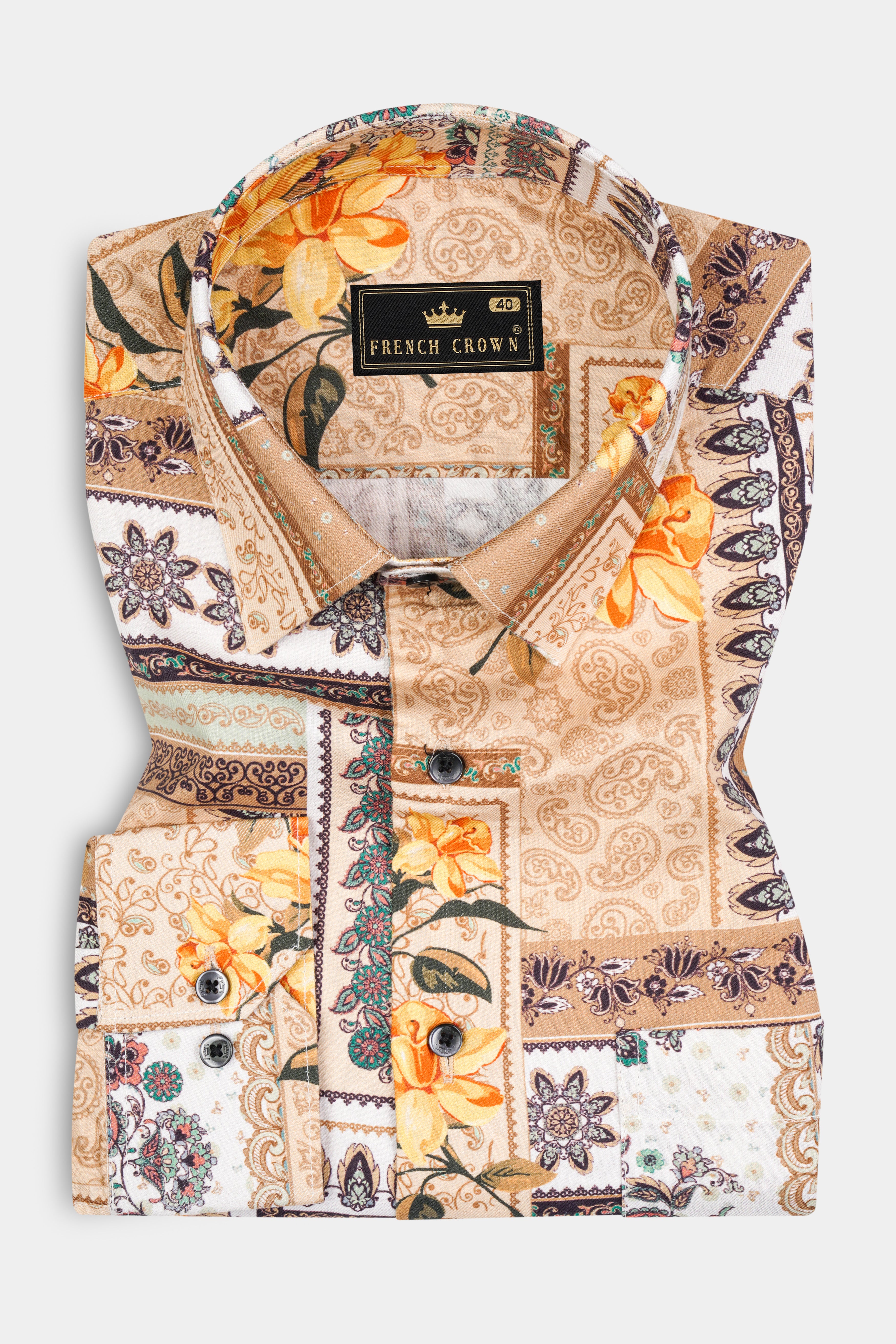 Tan Sandstone Multicolour Unique Floral Printed Twill Textured Premium Cotton Shirt