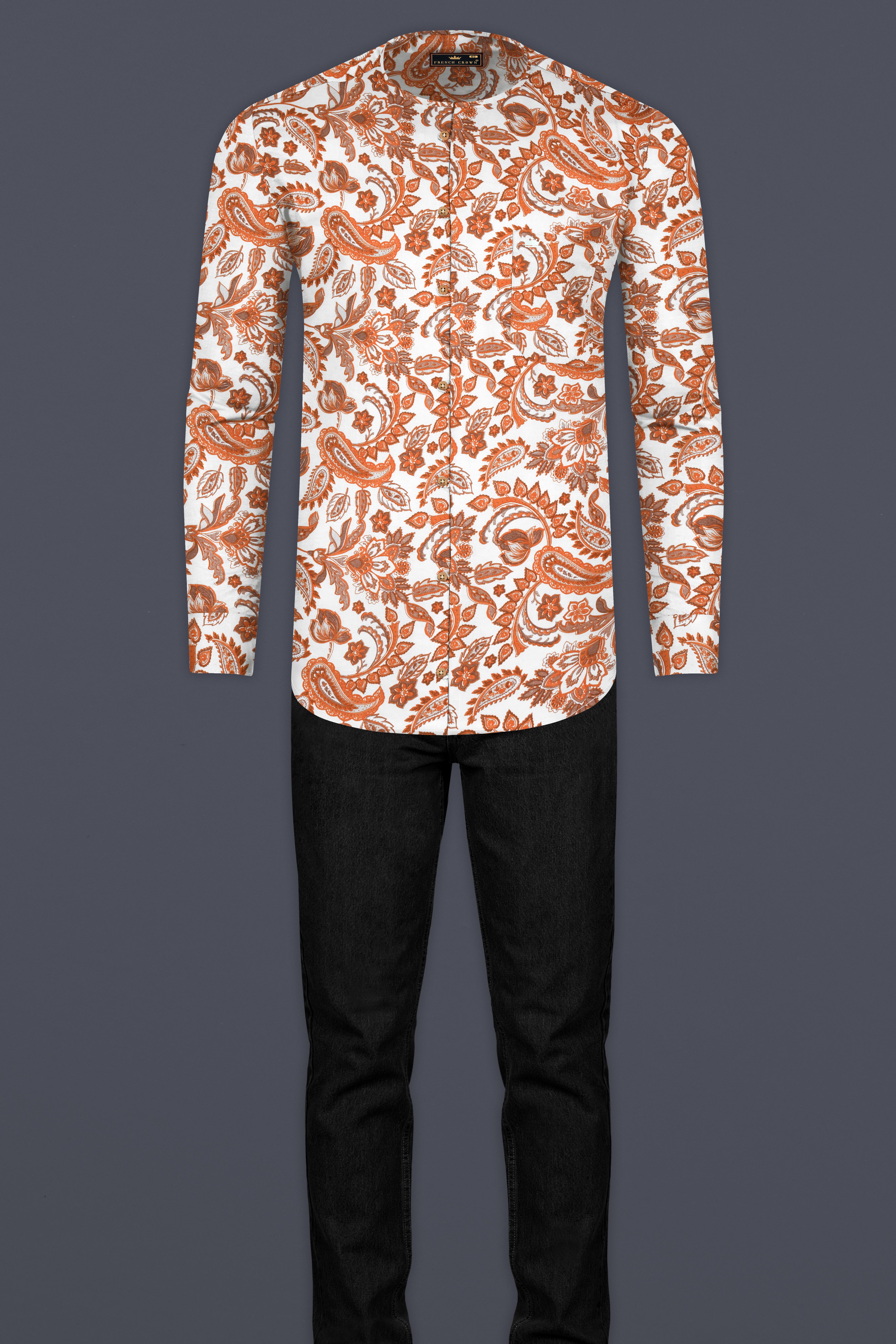 White Lilac and Pale Brown Paisley and Floral Printed Luxurious Linen Kurta Shirt